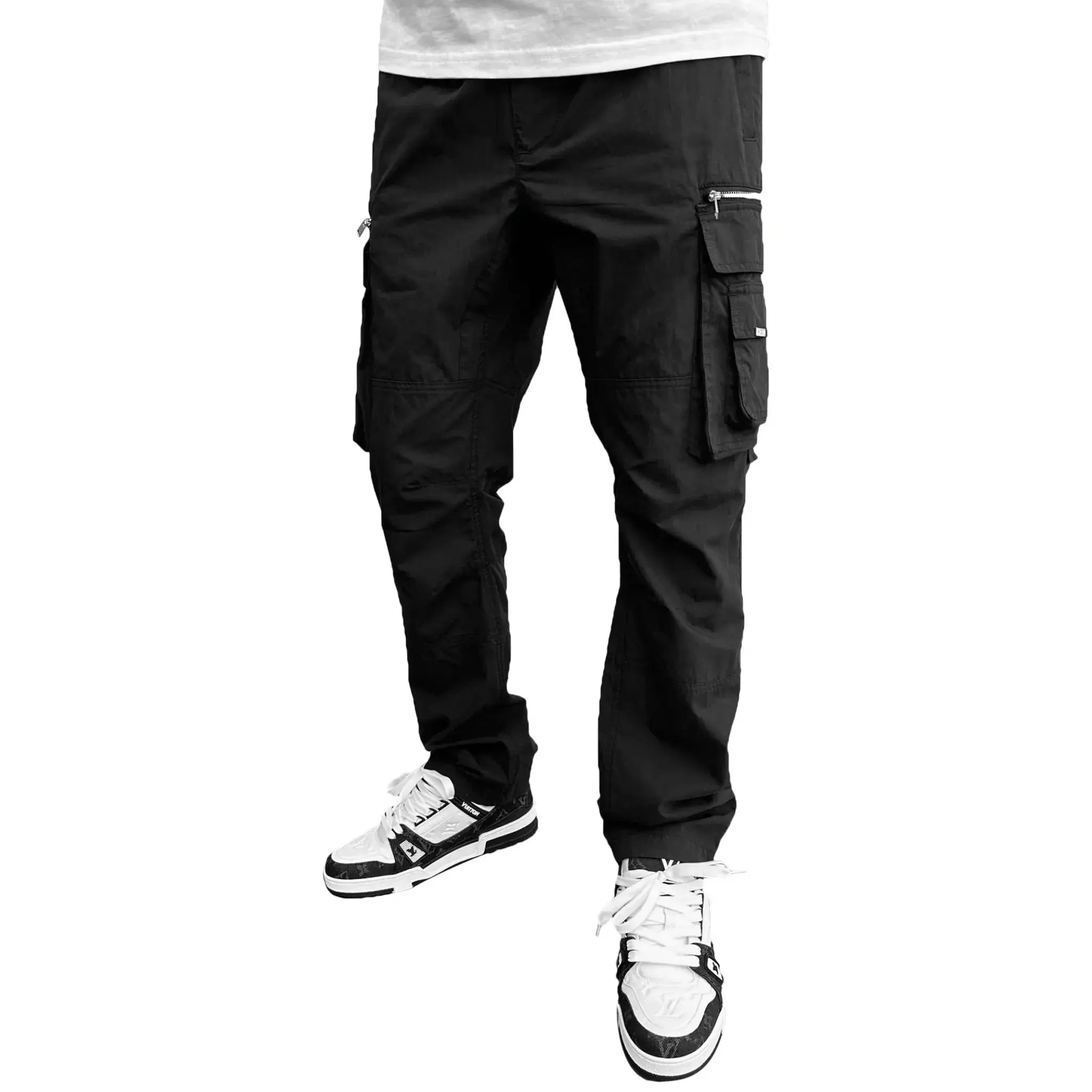 Model side view of SIARR Military Black Cargo Pants
