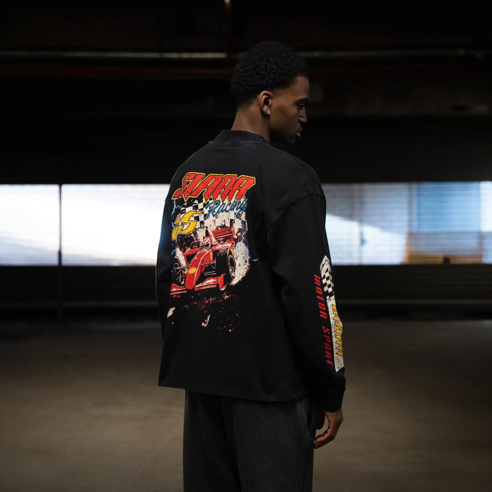 Model Side View of SIARR Motor Sport L/S Black T-Shirt