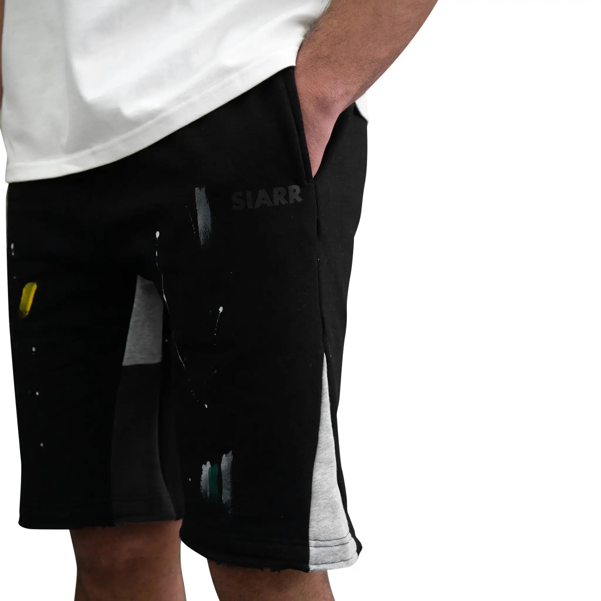 Model detail view of SIARR Paint Shorts Black