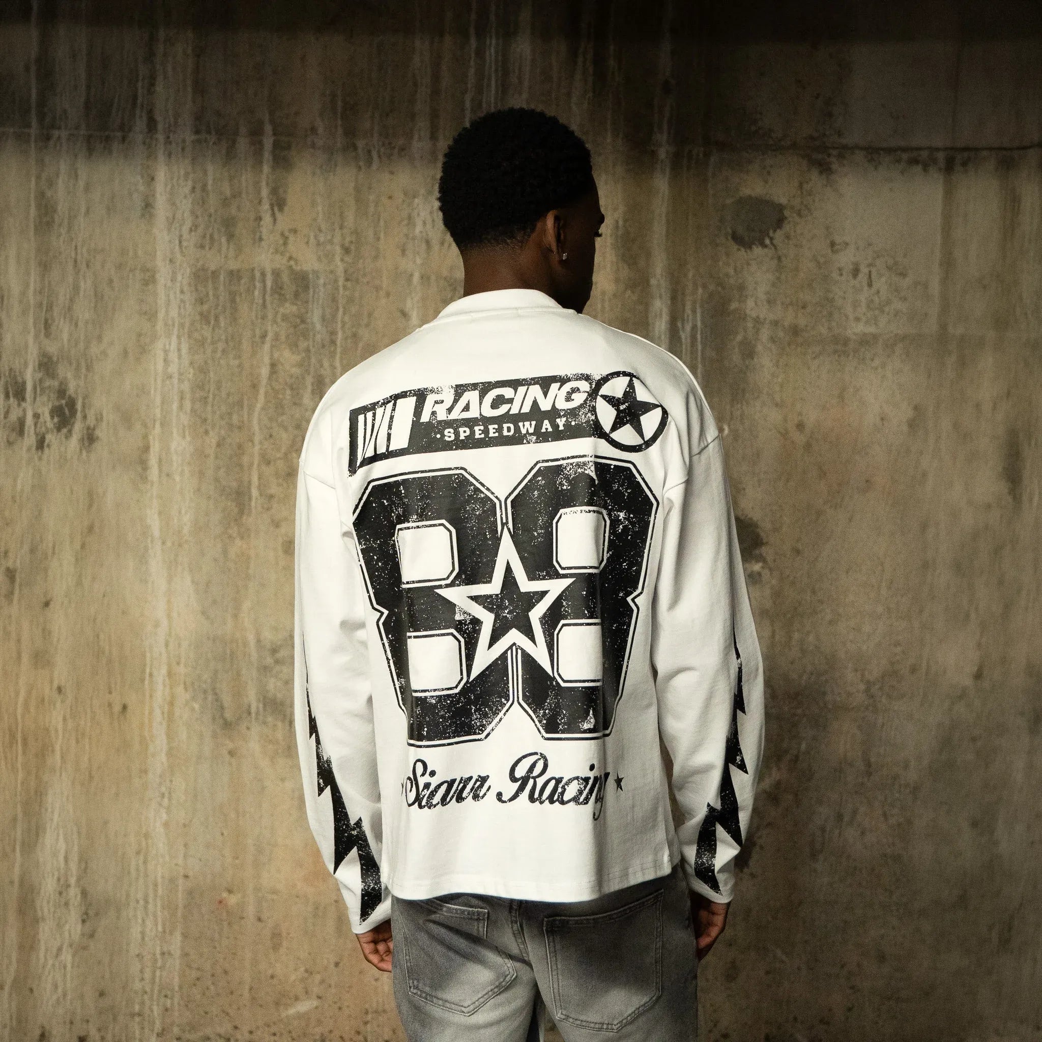 Back View of SIARR Speedway L/S White T-Shirt