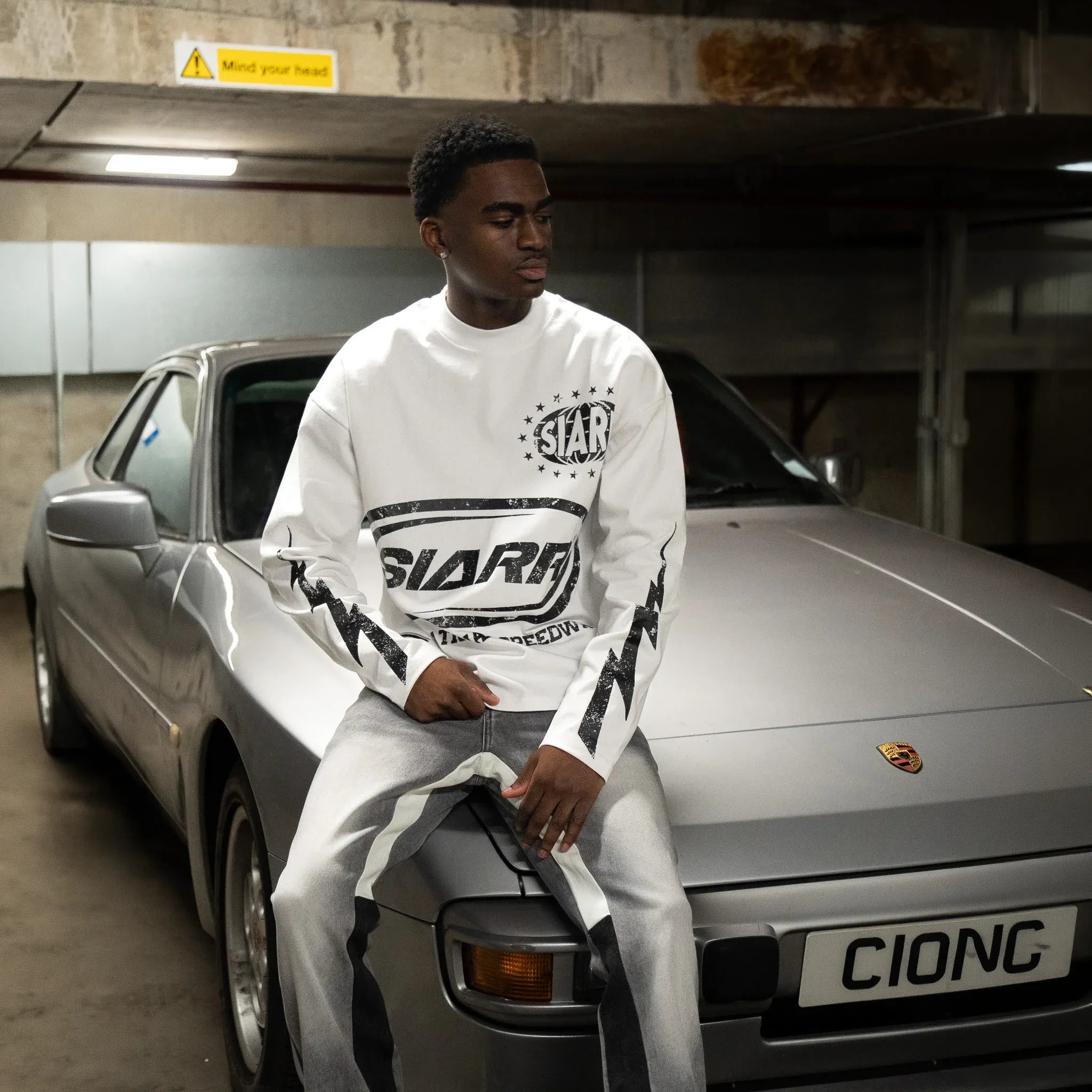 Front View of SIARR Speedway L/S White T-Shirt