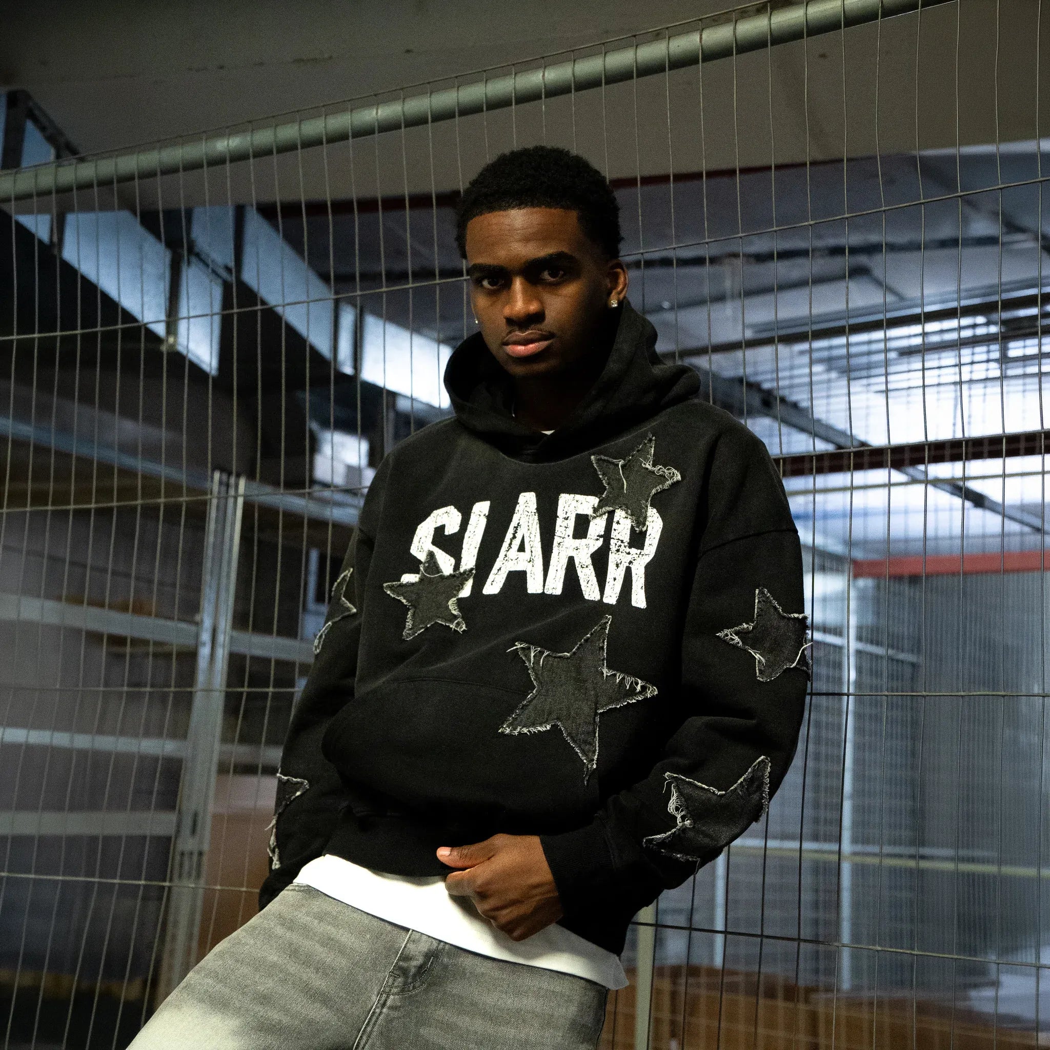 Front View of SIARR Star Washed Black Hoodie