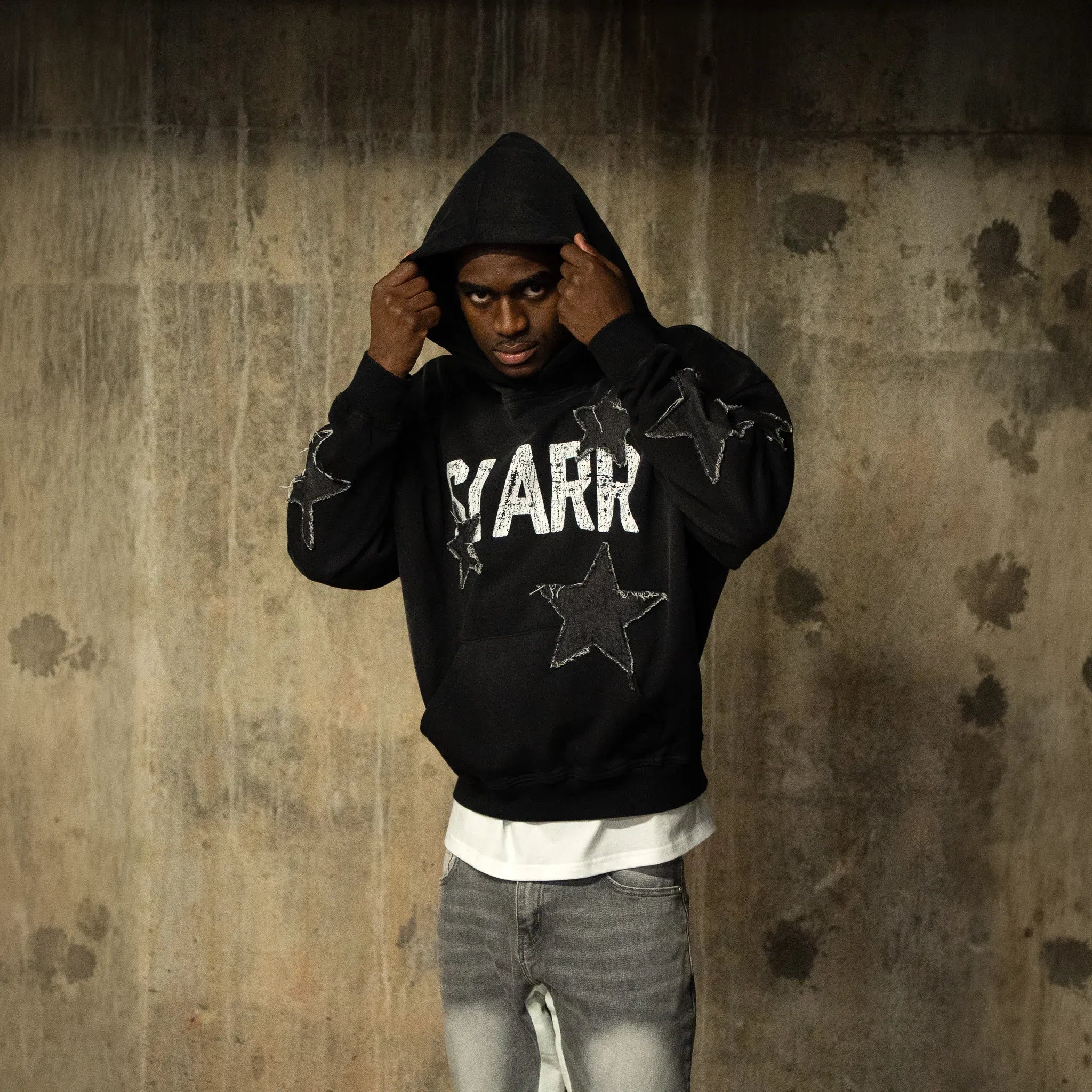 Front View of SIARR Star Washed Black Hoodie