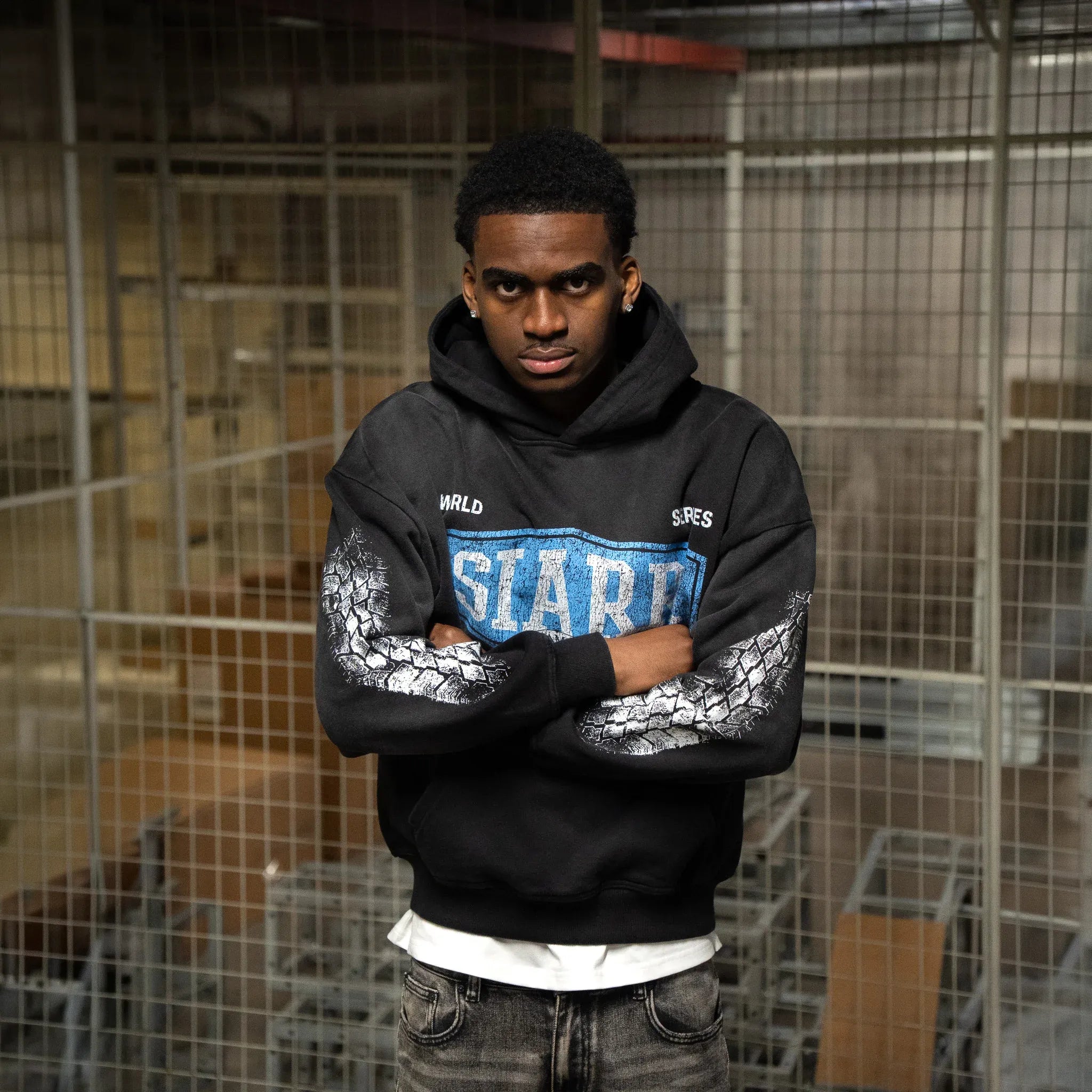 Front View of SIARR World Series Washed Black Hoodie