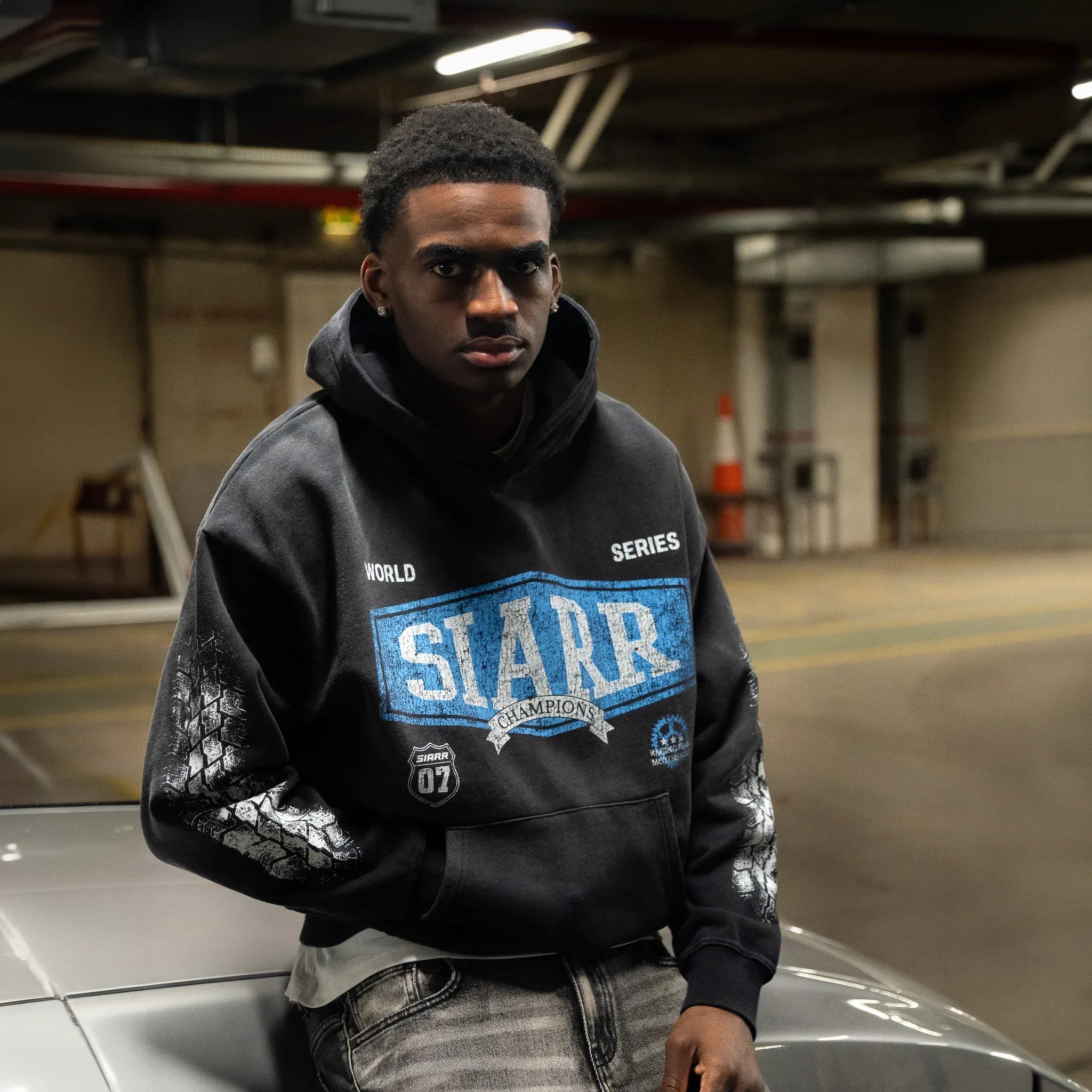 Front View of SIARR World Series Washed Black Hoodie