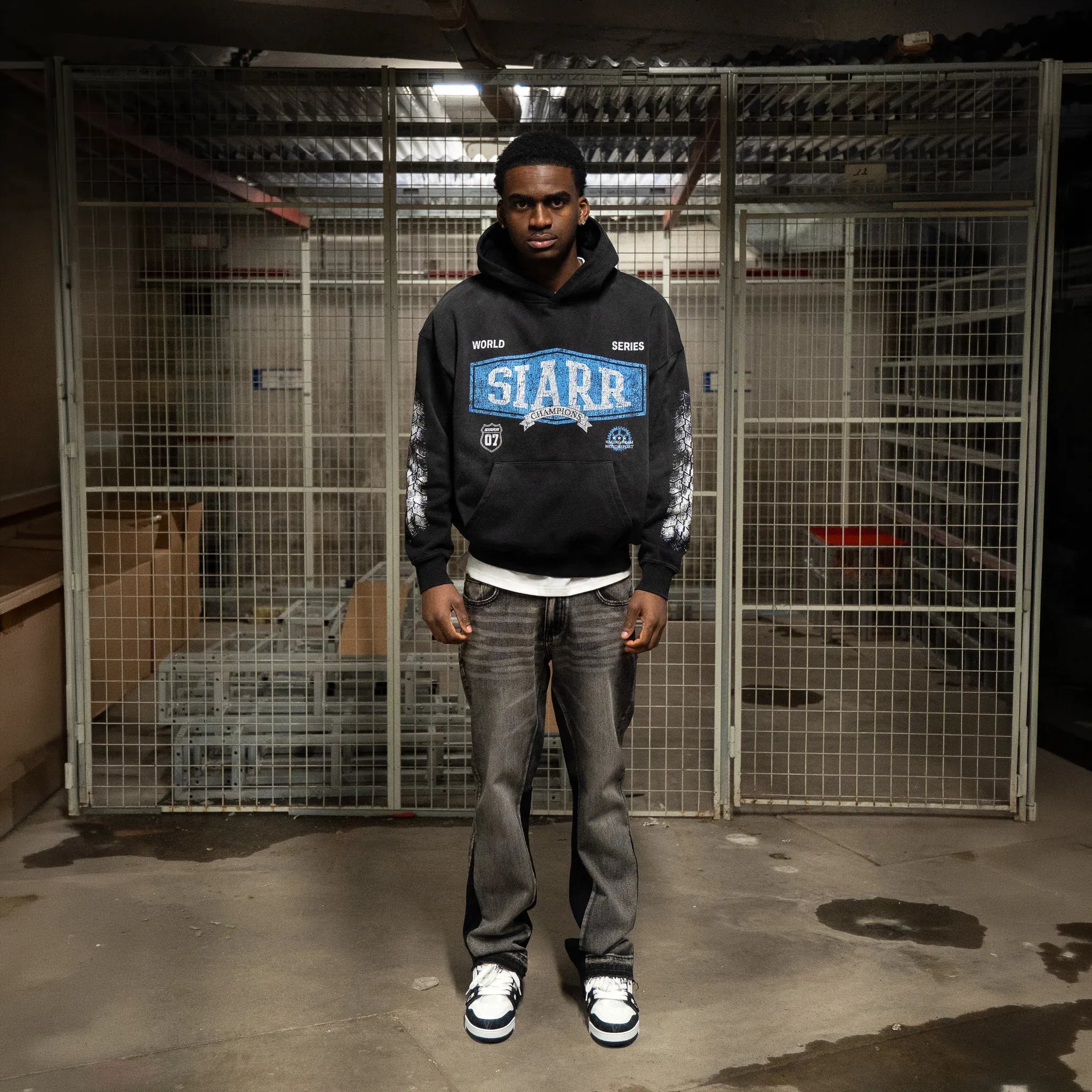 Front View of SIARR World Series Washed Black Hoodie