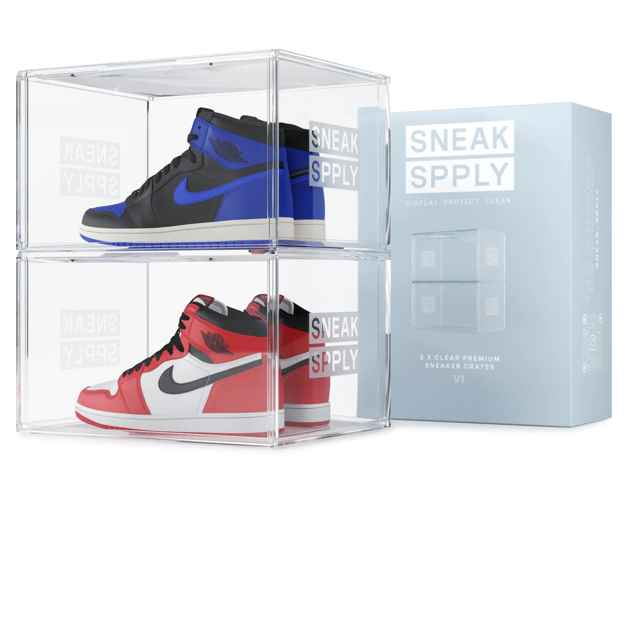 Front view of Sneak Spply Stack V1 Storage Crate Clear (2 Pack)