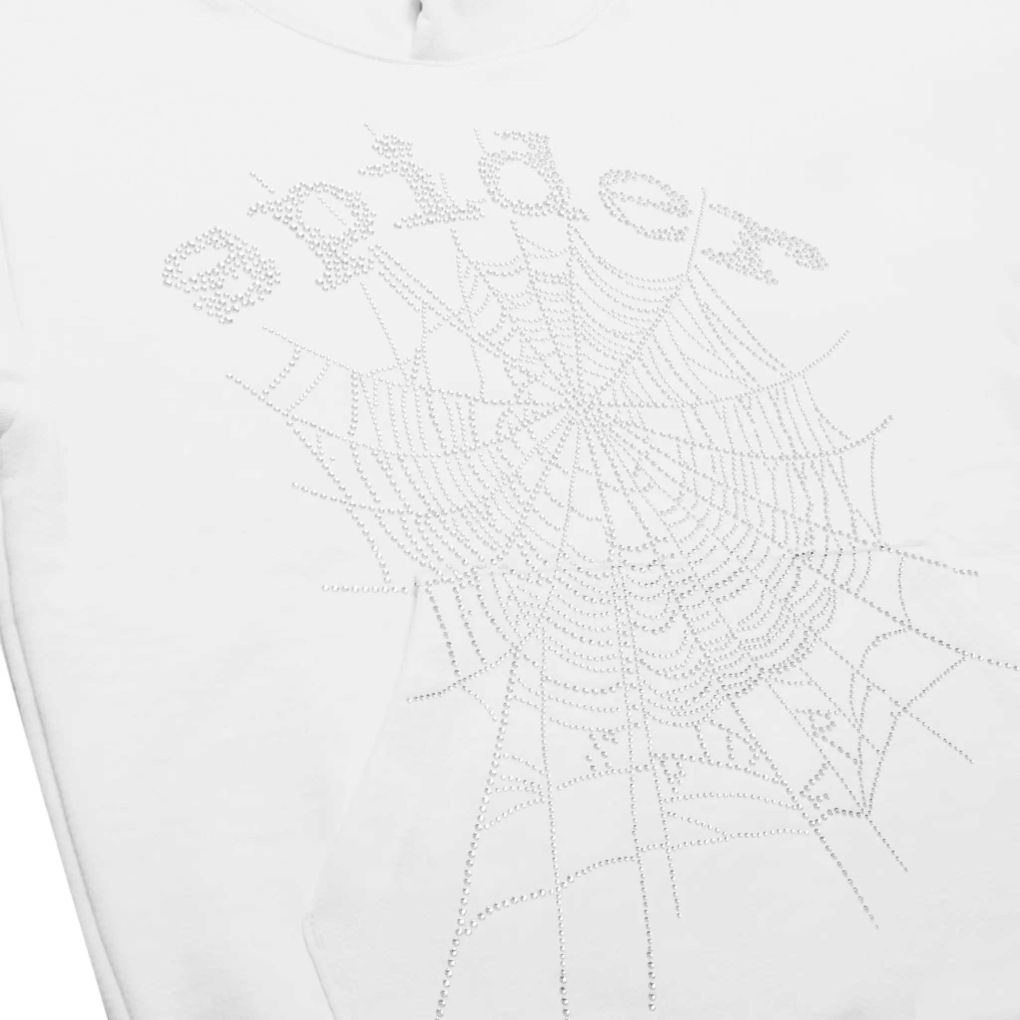 Logo view of Sp5der OG Rhinestone Logo White Hoodie