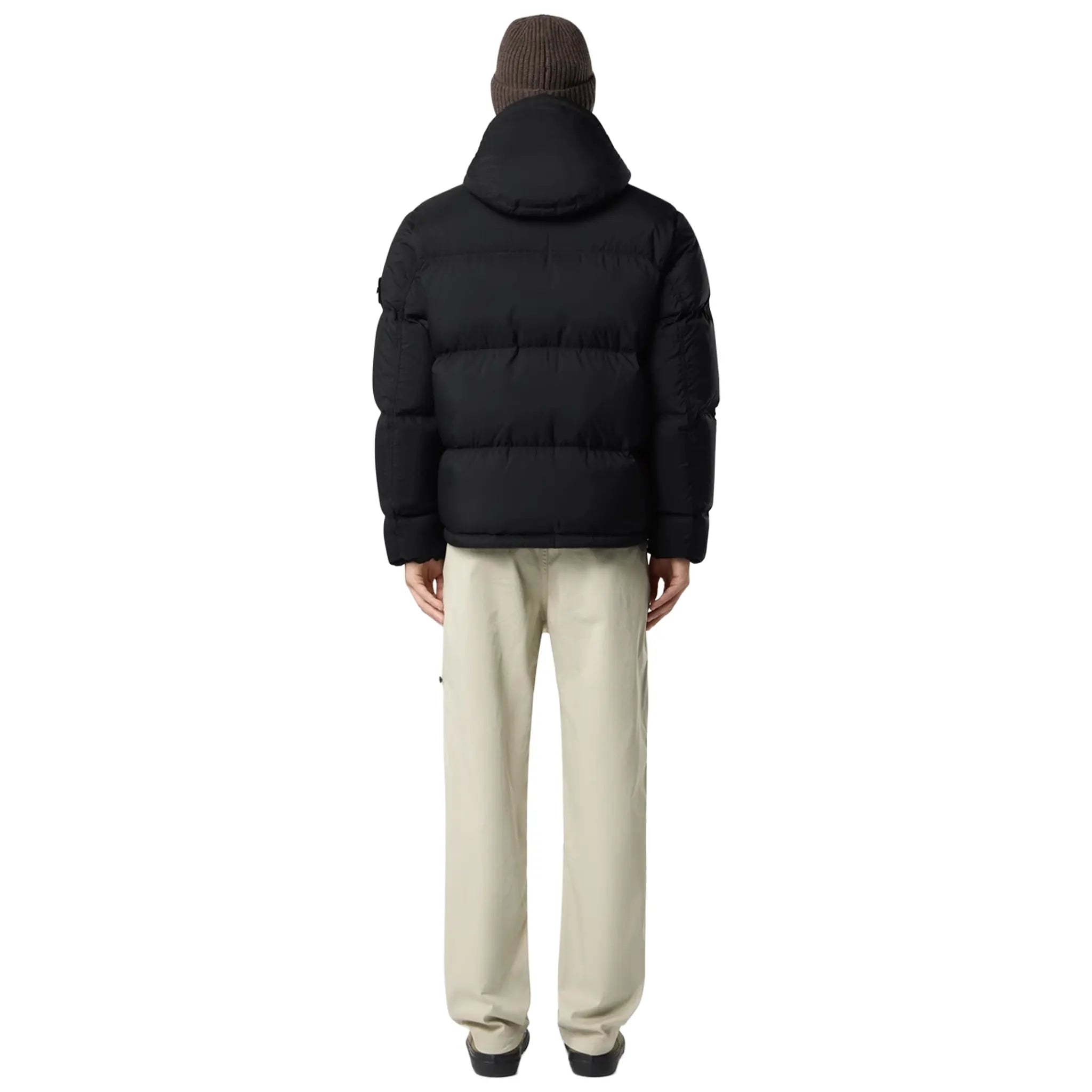 Model back view of Stone Island Ripstop Cordura Black Puffer Jacket