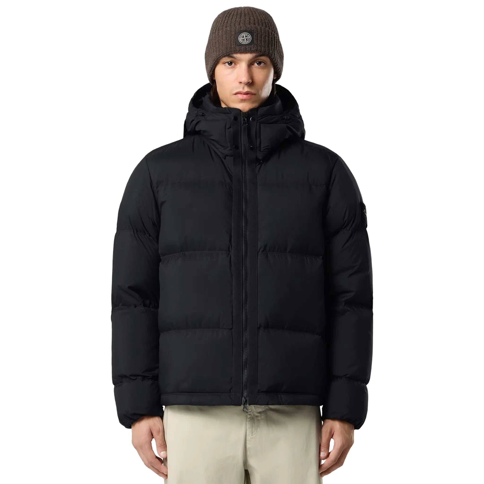 Model front view of Stone Island Ripstop Cordura Black Puffer Jacket
