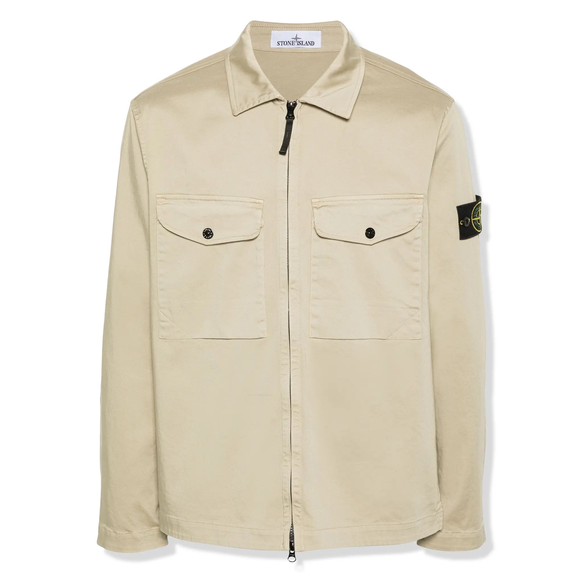 Front view of Stone Island Stretch Cotton Satin Sand Overshirt 801510812