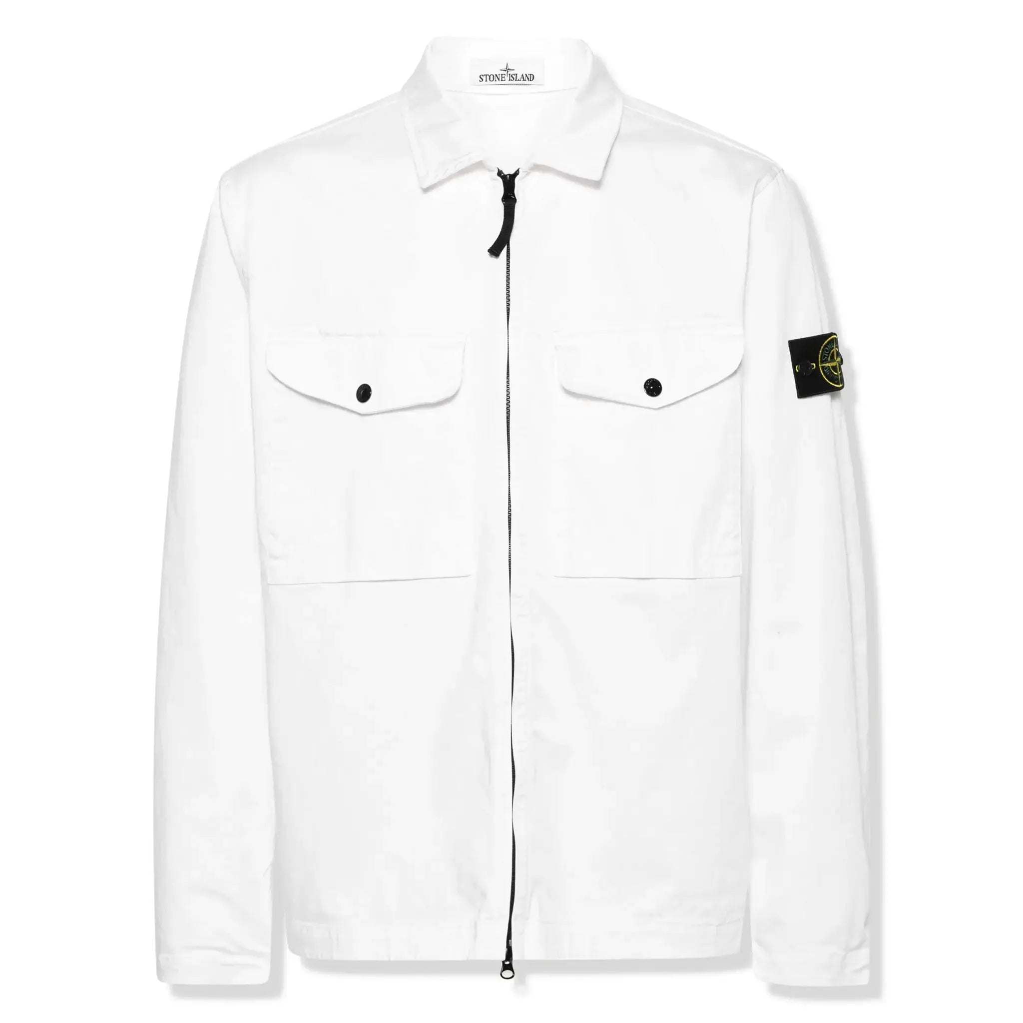 Front view of Stone Island Stretch Cotton Satin White OverShirt lange 801510812