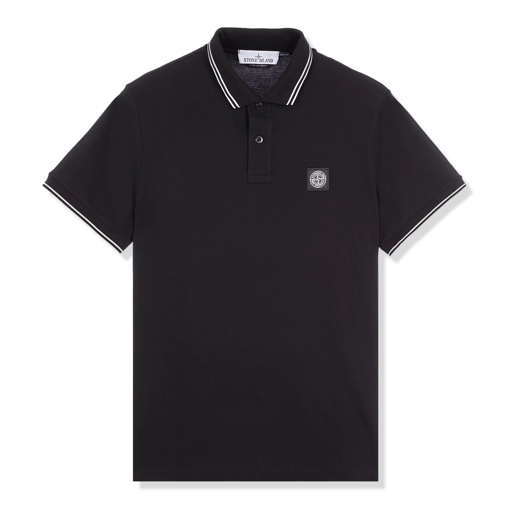 Front view of Stone Island Tipped Badge Logo Black Polo Shirt lange 10152sc18-a0029