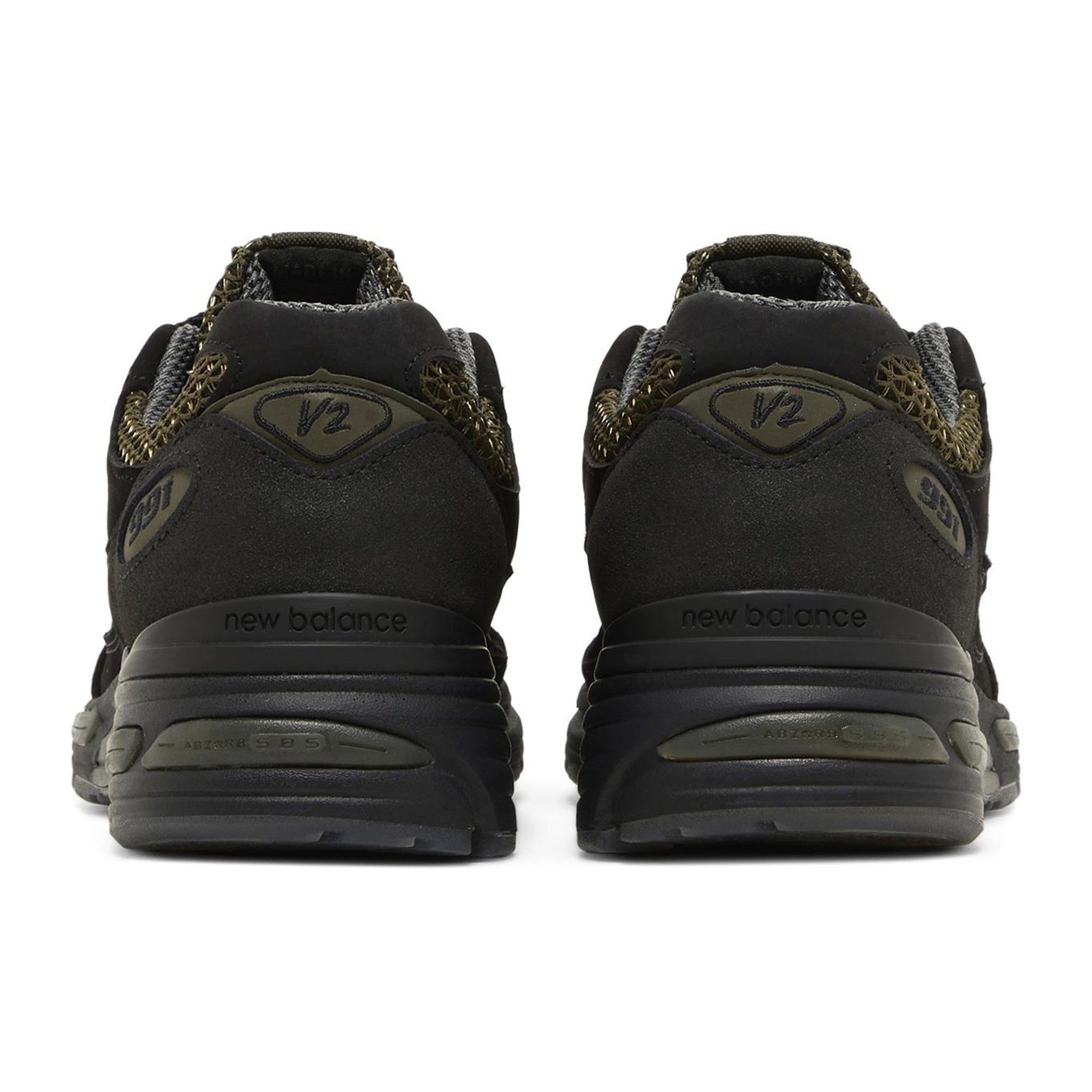 Back view of Stone Island x New Balance 991v2 MiUK Black Olive U991SD2