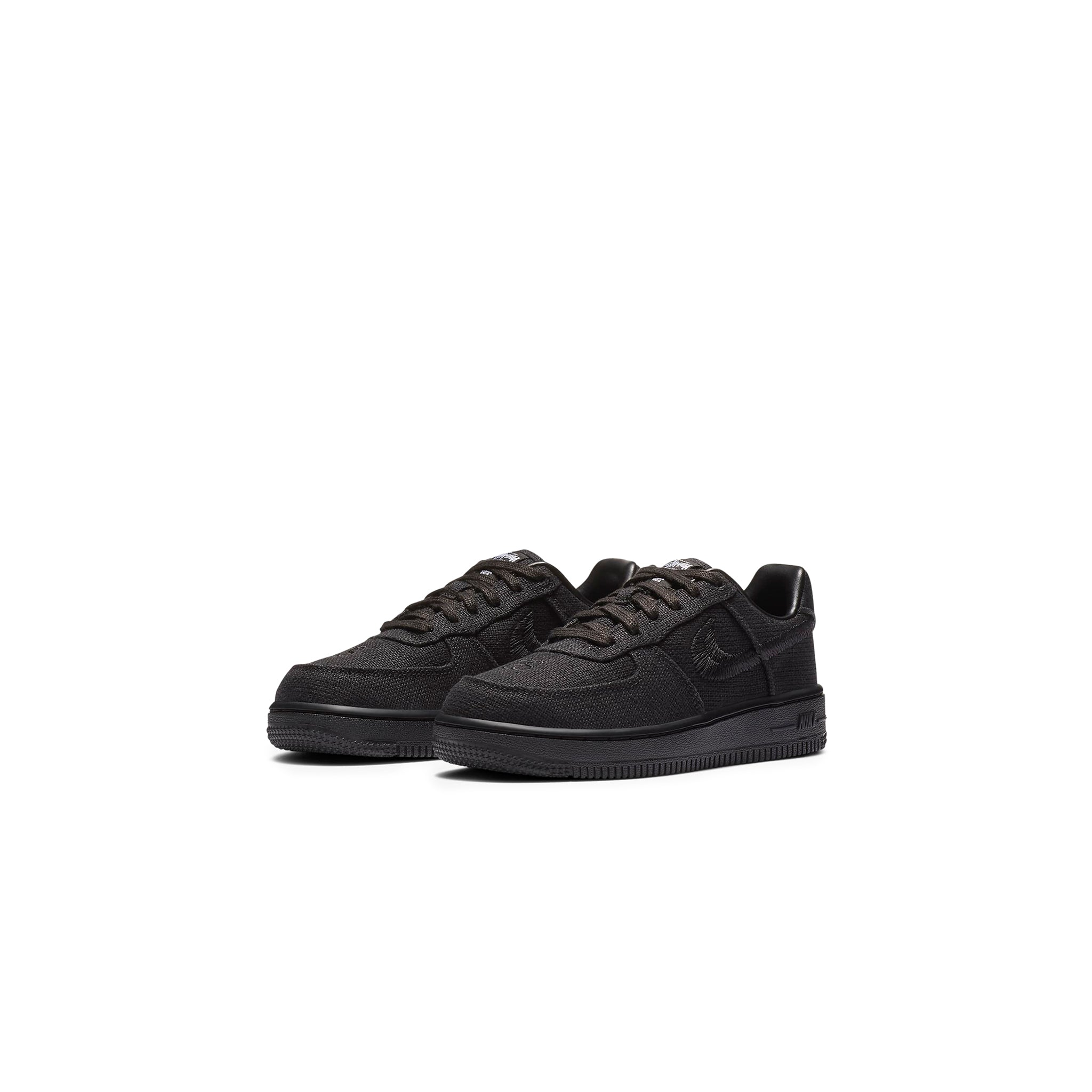 Front side view of Stussy x Nike Air Force 1 Low Black (PS) DD1578-001