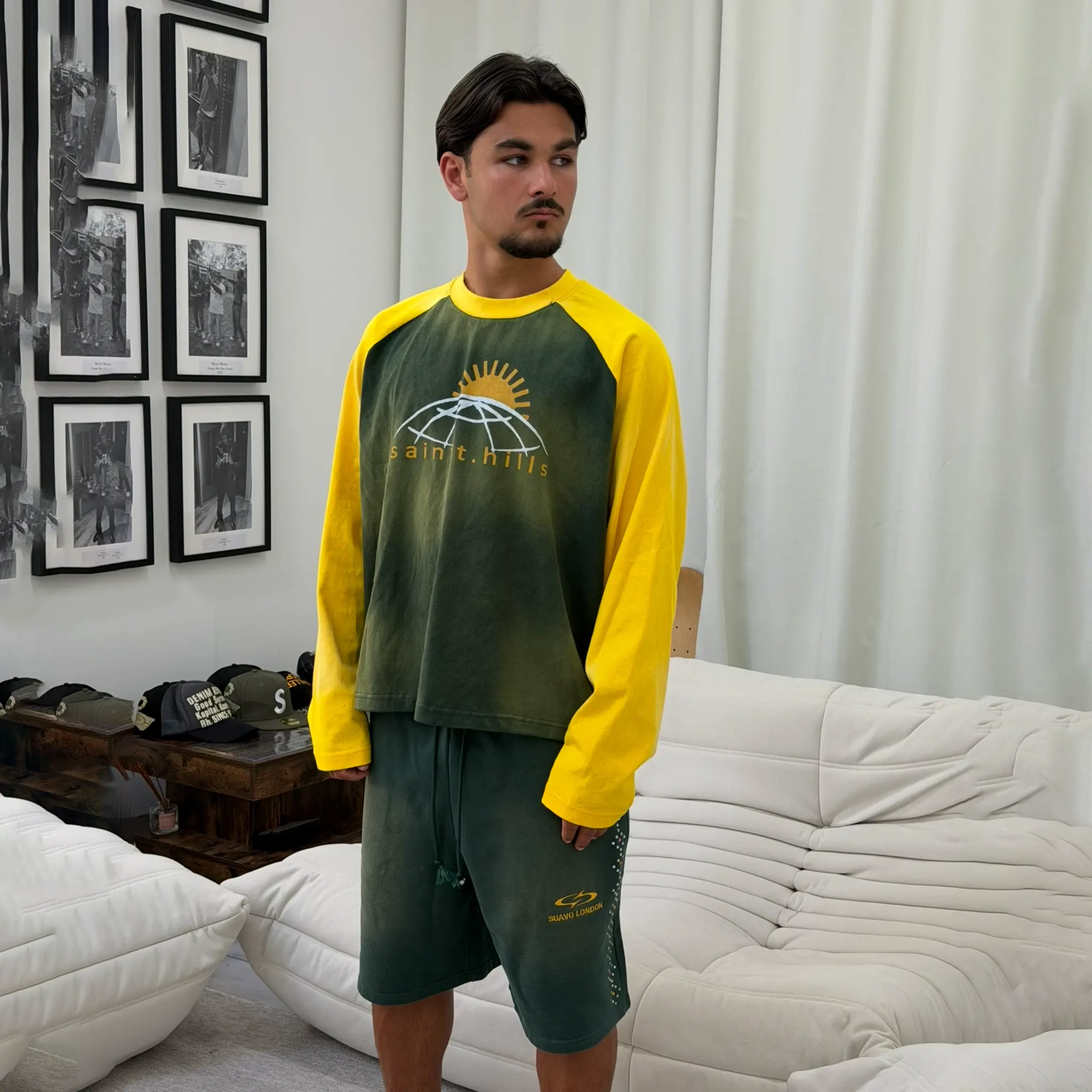 Front Side View of Suavo London Saint Hills L/S Green Yellow T-Shirt