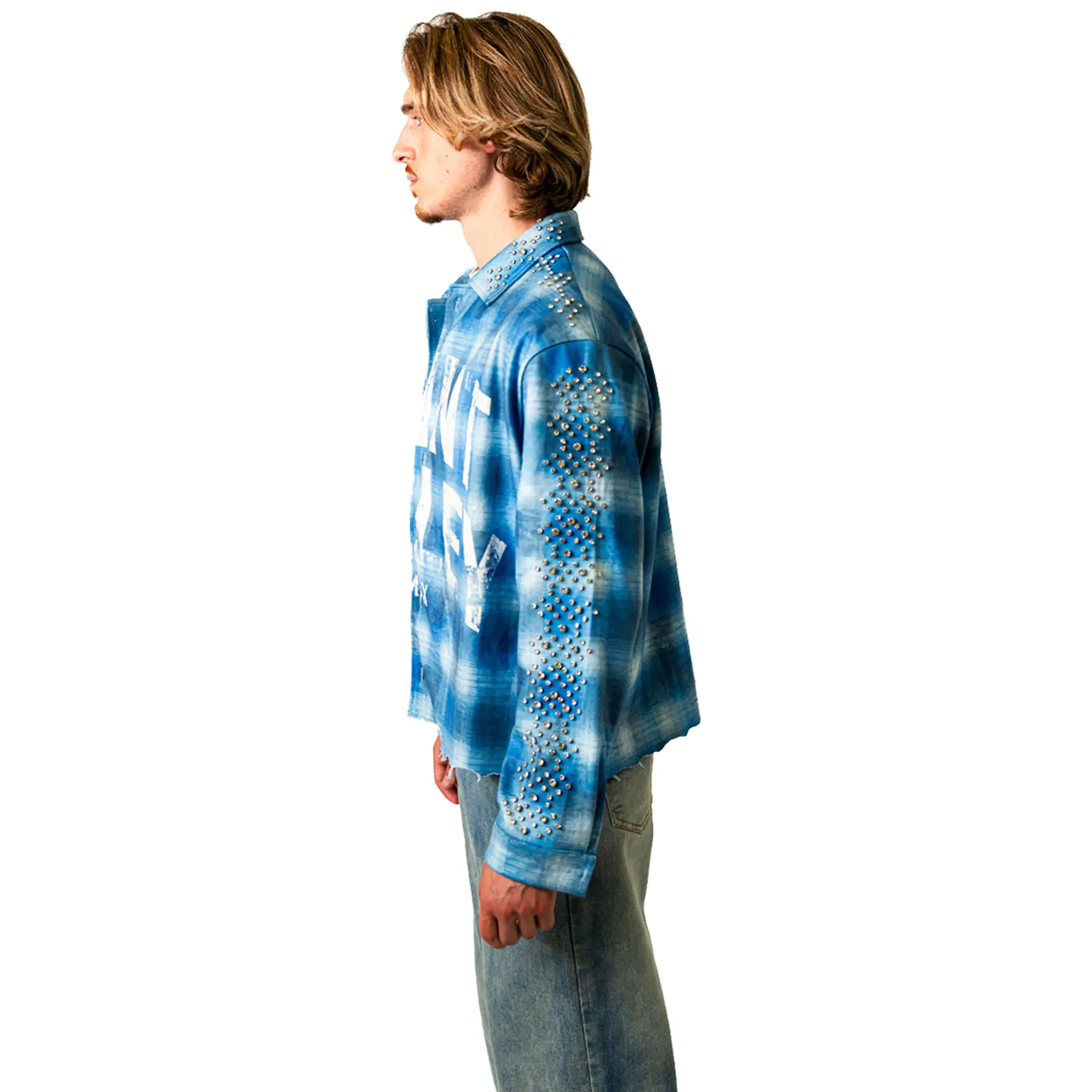 Side View of Suavo London Saint Valley Blue Flannel Shirt