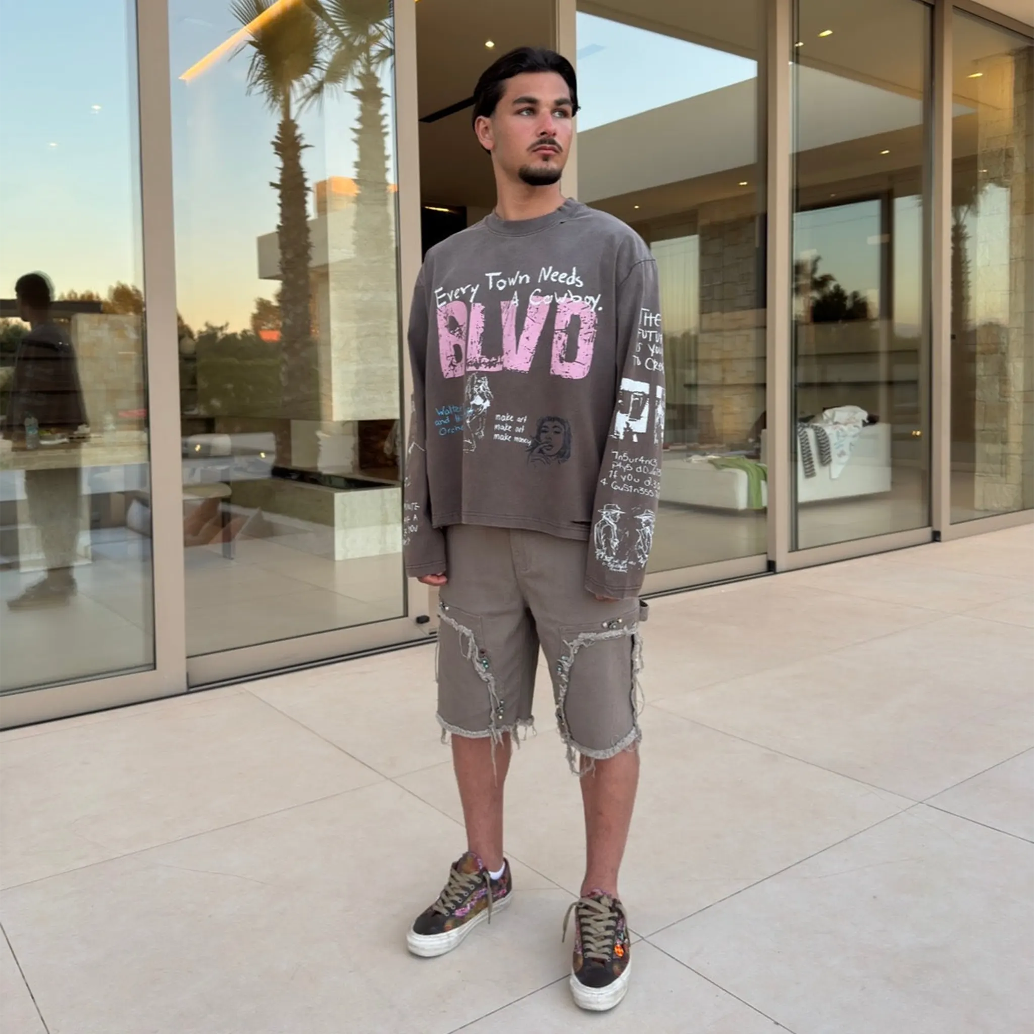 Front Side View of Suavo London Utility Sage Green Denim Shorts