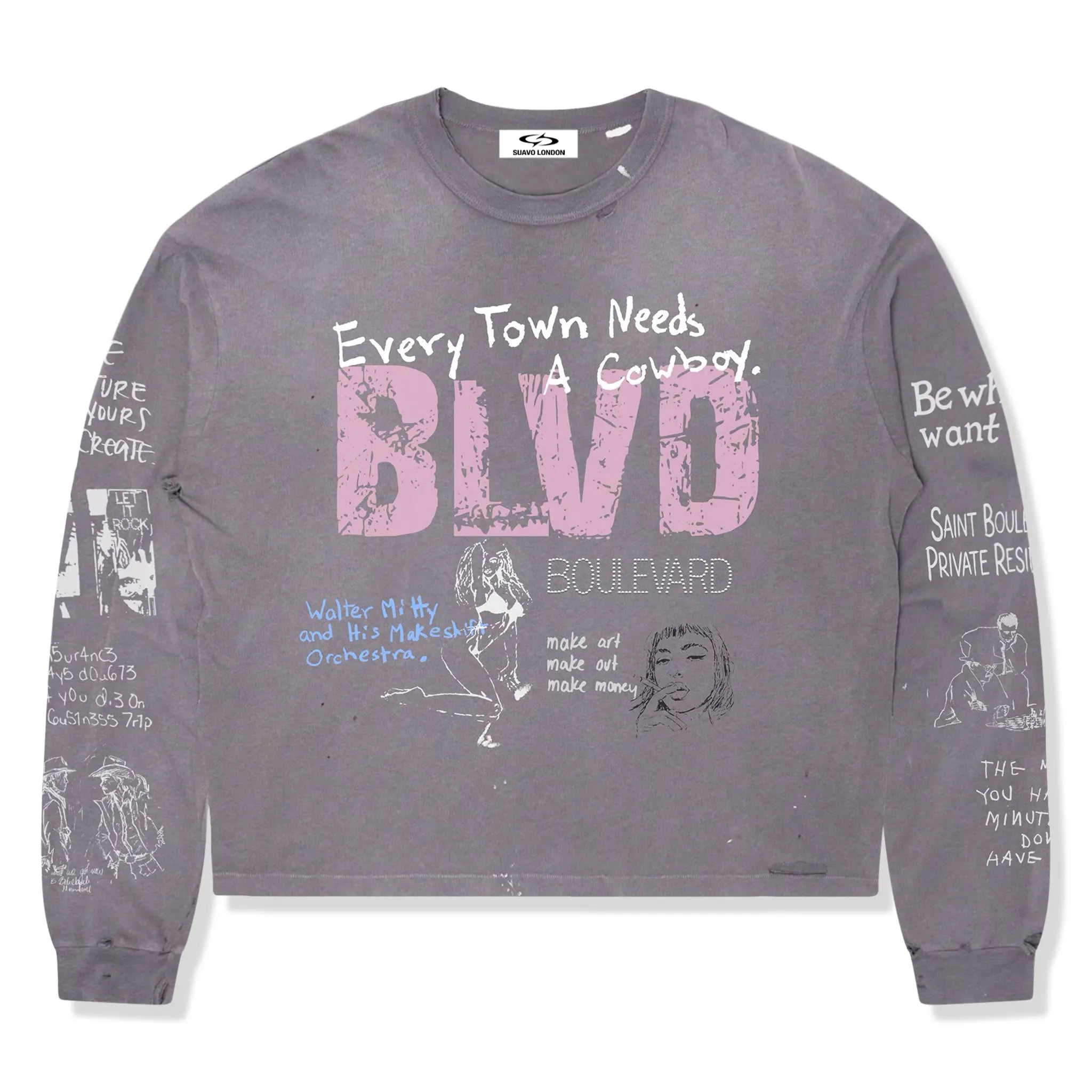 Front View of Suavo World Boulevard L/S Charcoal T-Shirt