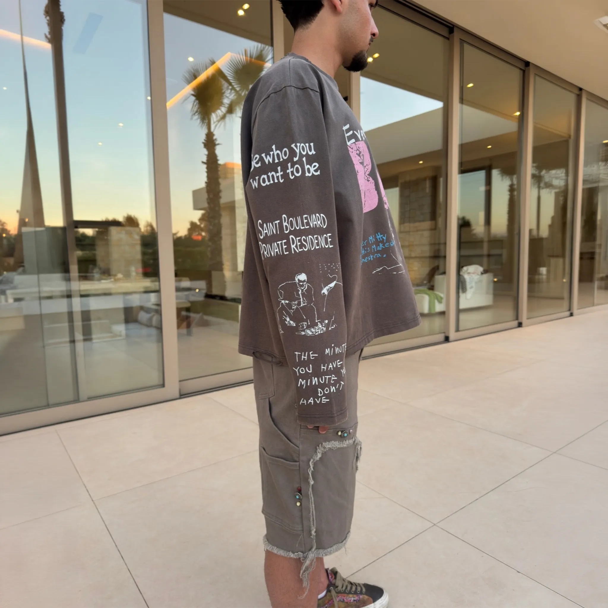 Side View of Suavo World Boulevard L/S Charcoal T-Shirt
