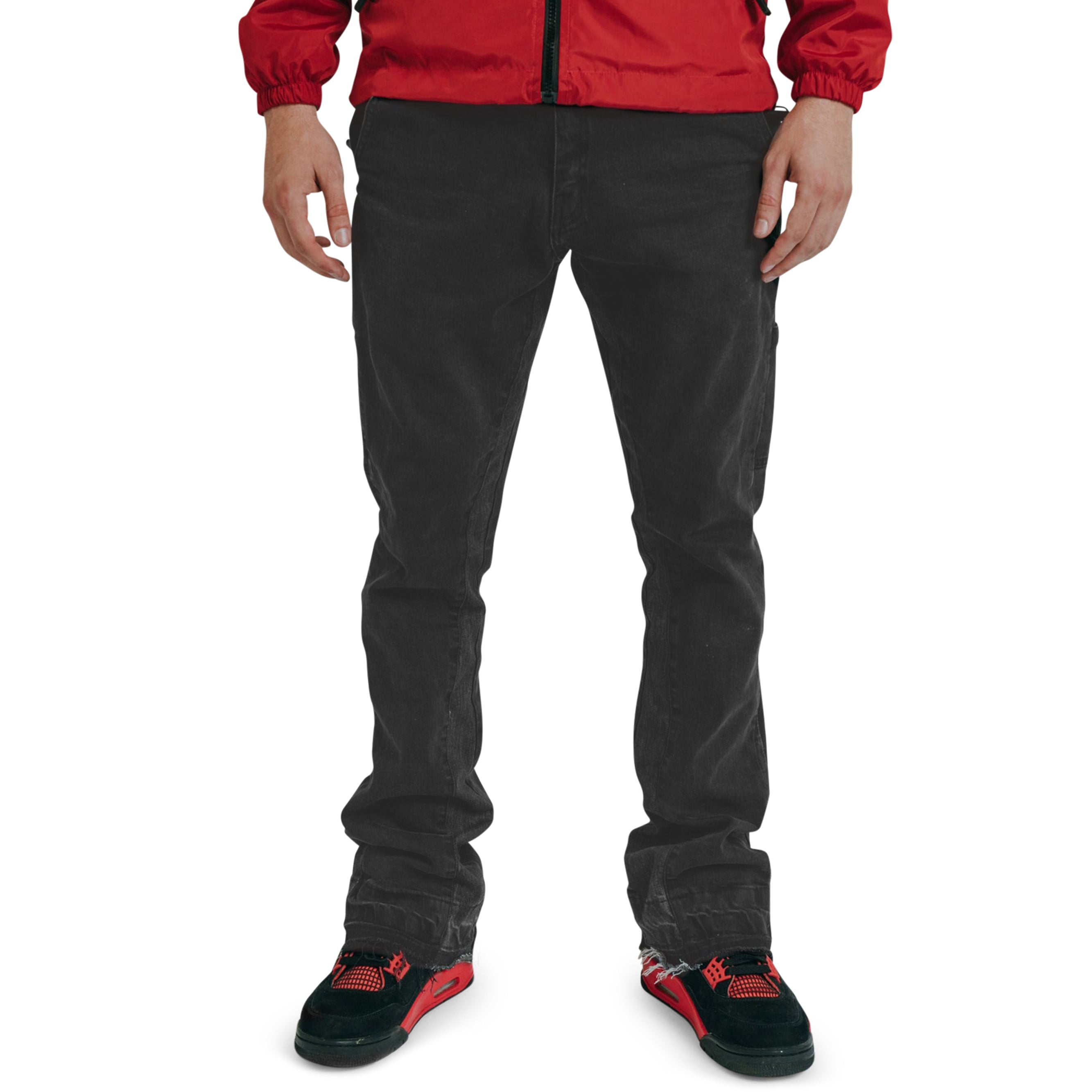 Model front view of Suavo World Flare Denim Washed Black