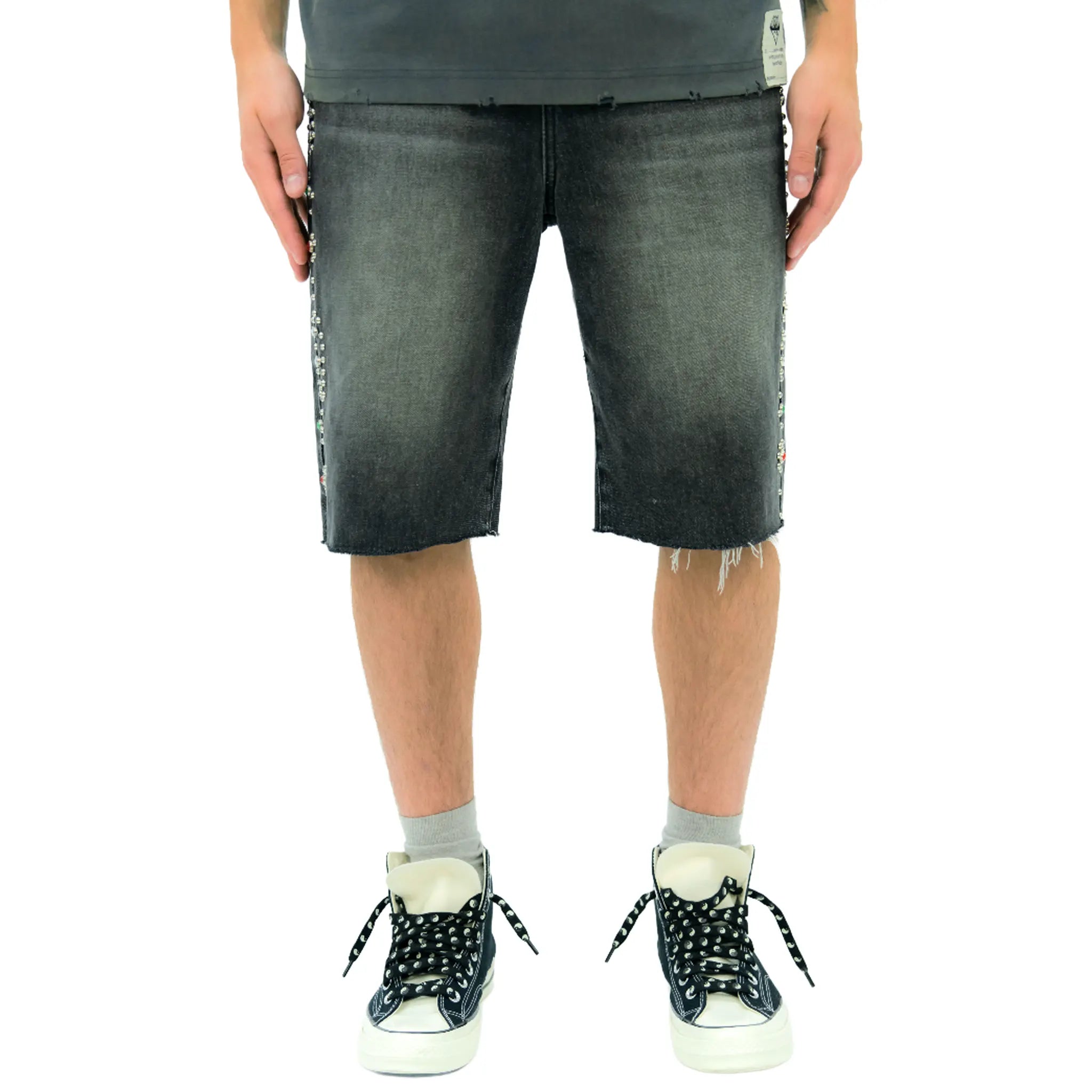 Front View of Suavo World Stud Washed Black Denim Shorts