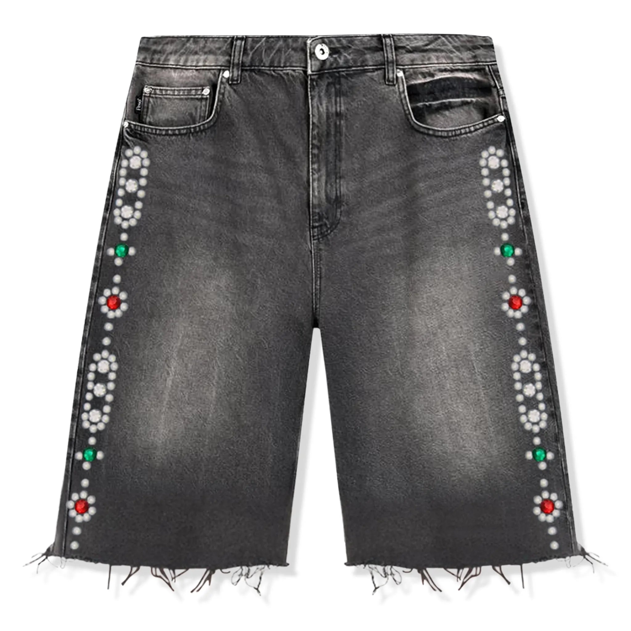 Front View of Suavo London Stud Washed Black Denim Shorts