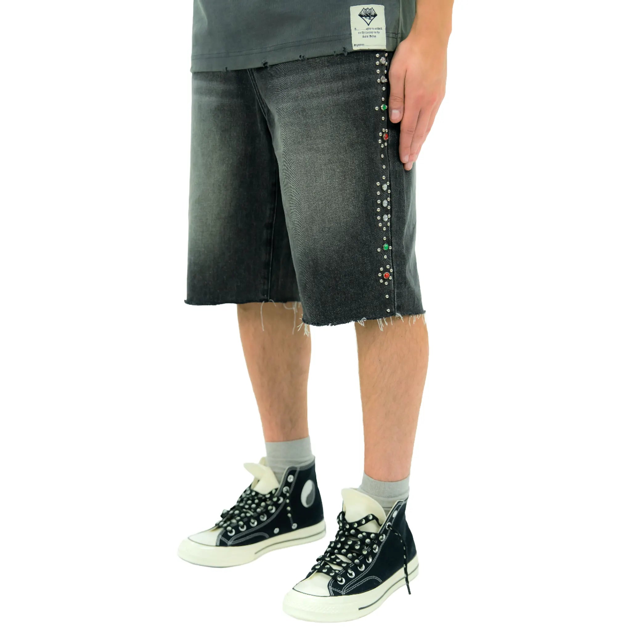 Front Side View of Suavo World Stud Washed Black Denim Shorts
