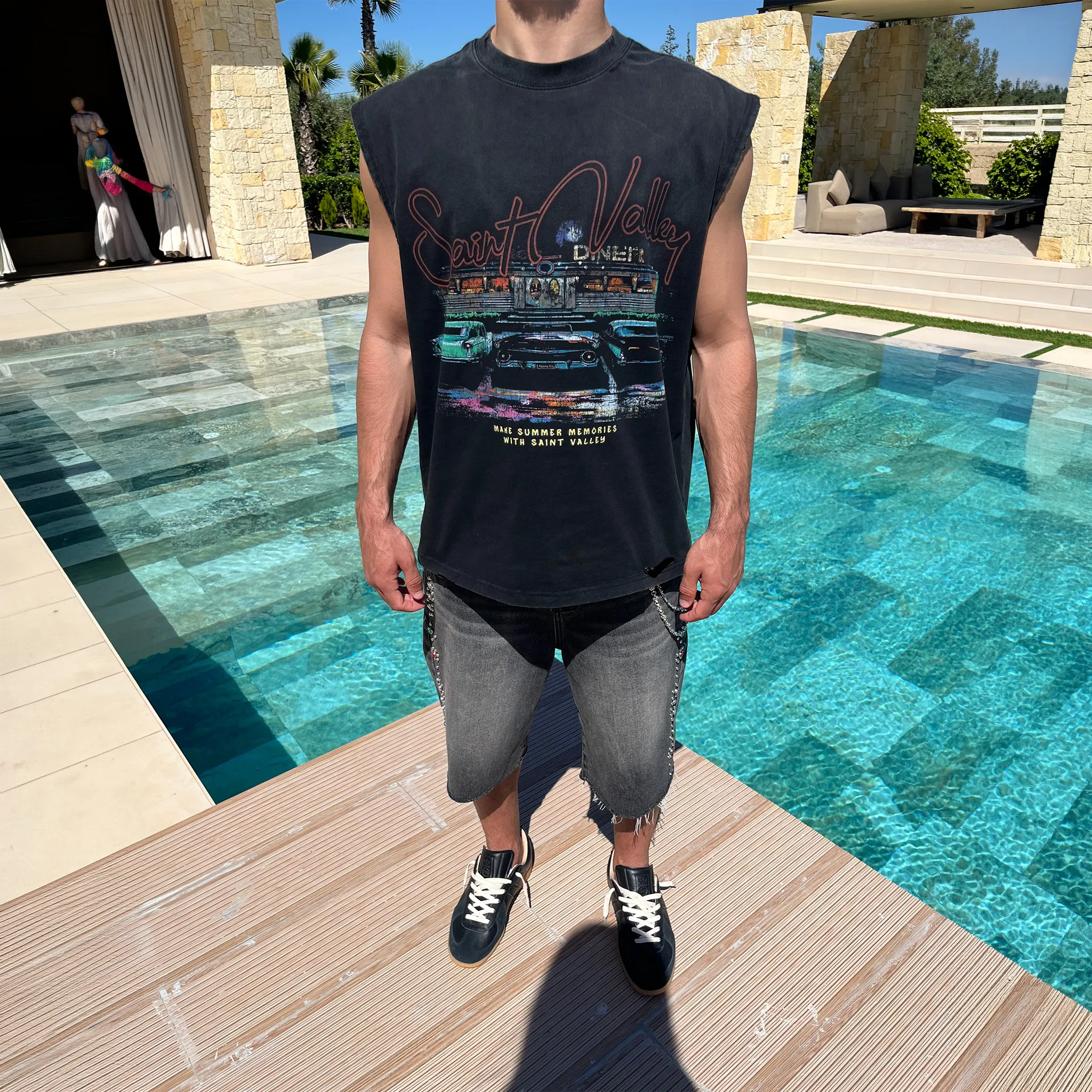 Model View of Suavo World Stud Washed Black Denim Shorts
