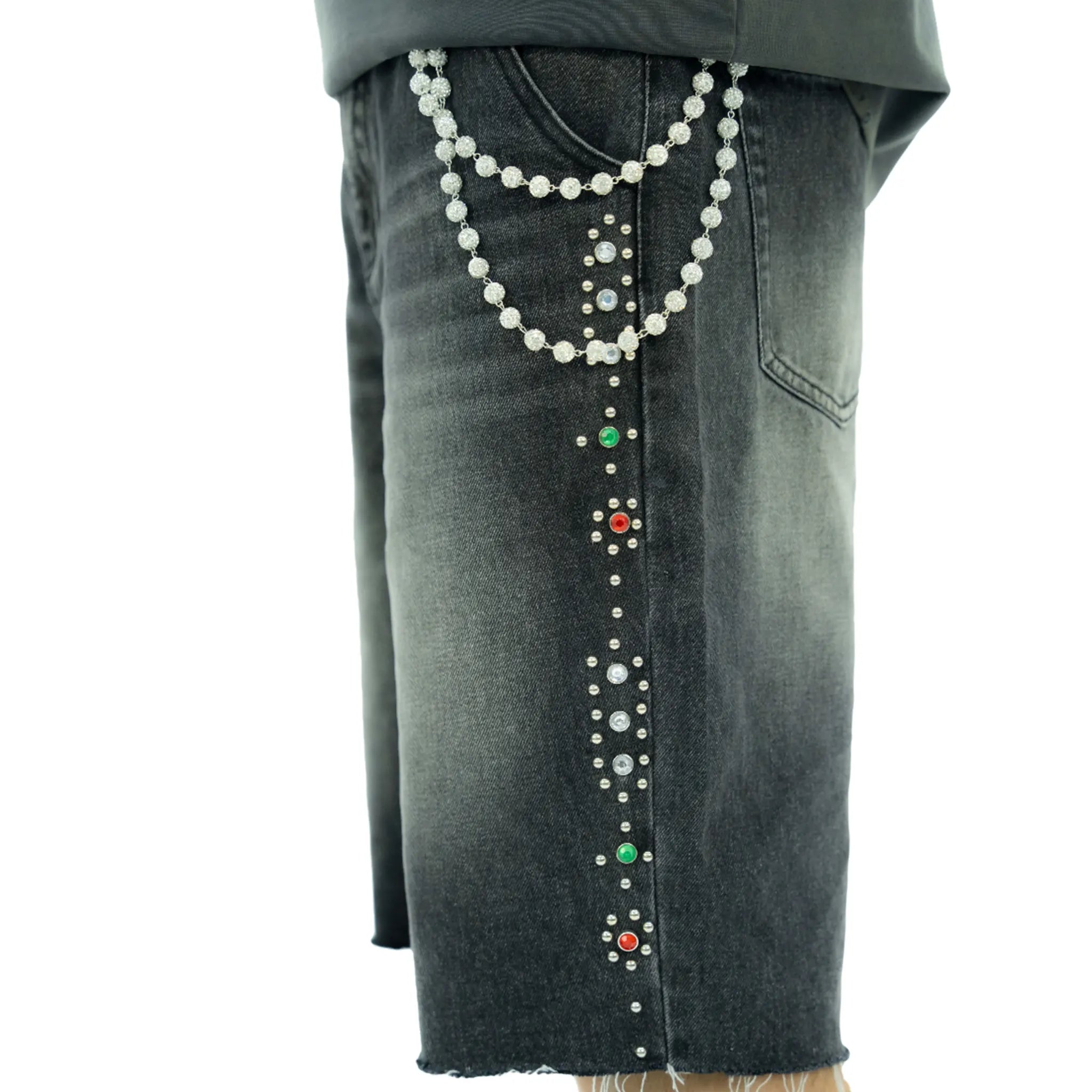 Side View of Suavo World Stud Washed Black Denim Shorts