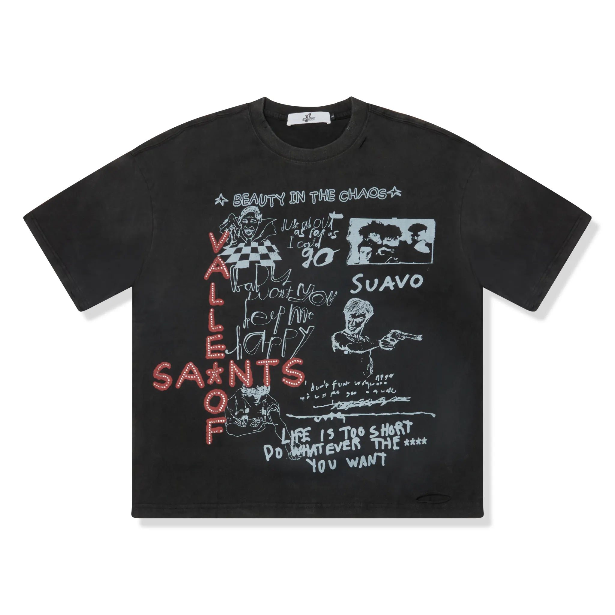 Front View of Suavo World Valley Of Saints Vintage Black T-Shirt