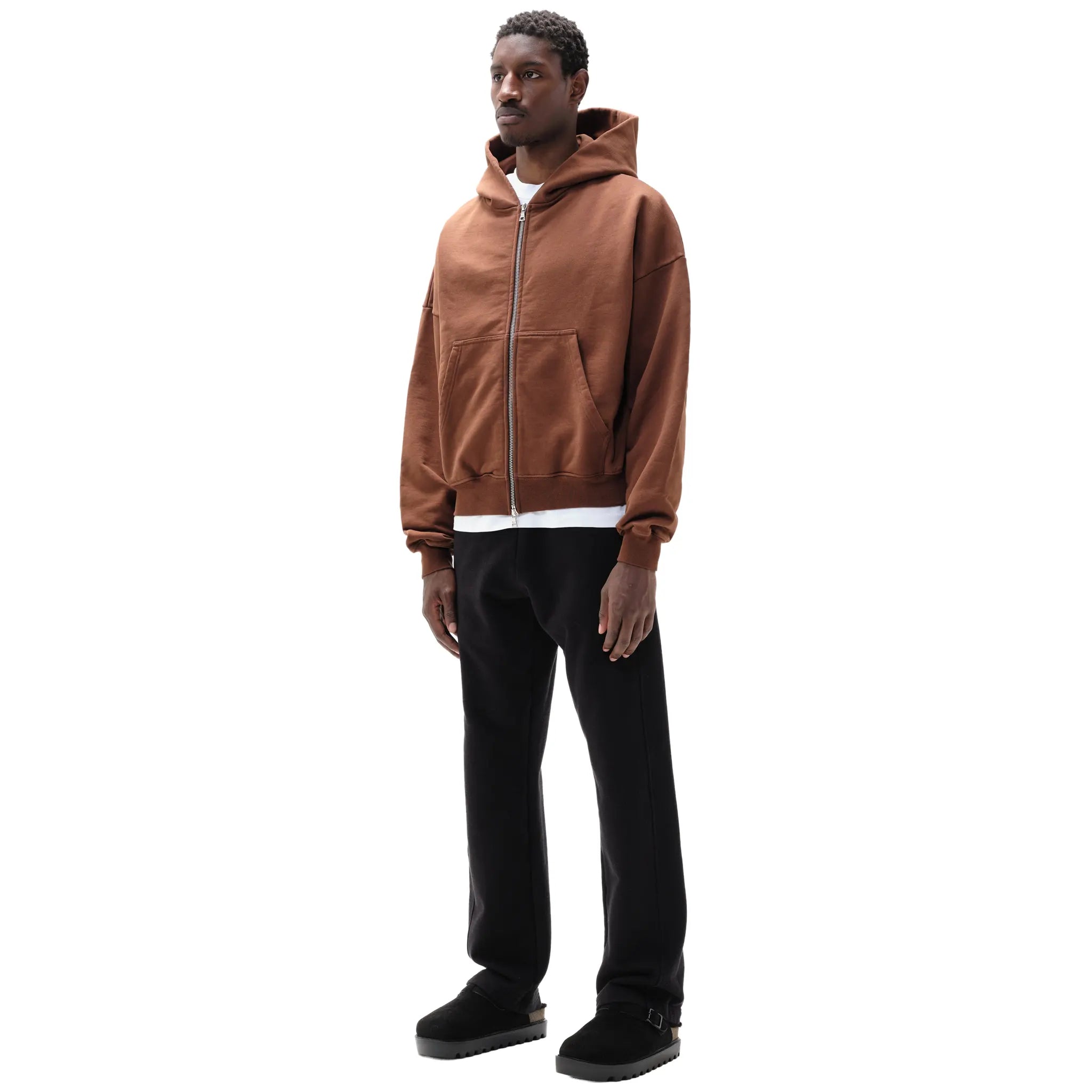Model Front Side View of Summit Heavyweight Brown Zip-Up Hoodie 63570000