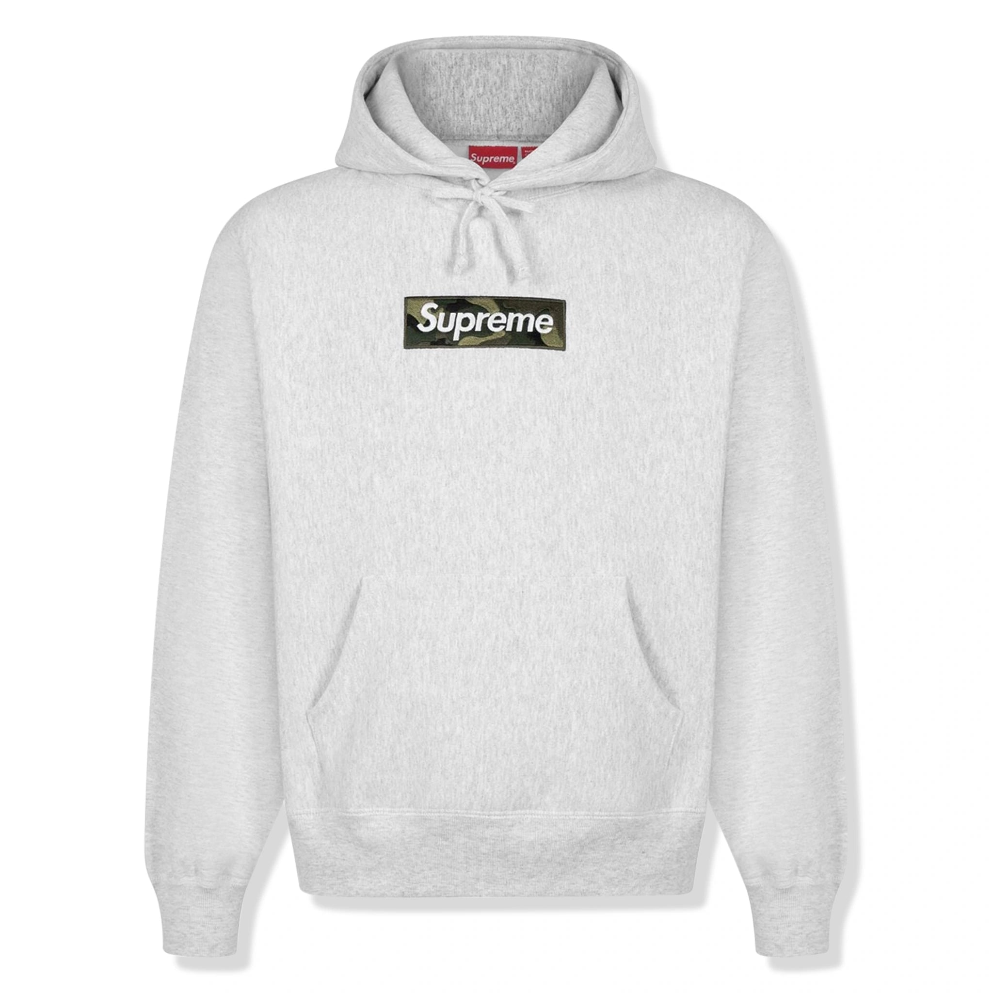 Front view of Supreme Box Logo Ash Grey Hoodie (FW23)