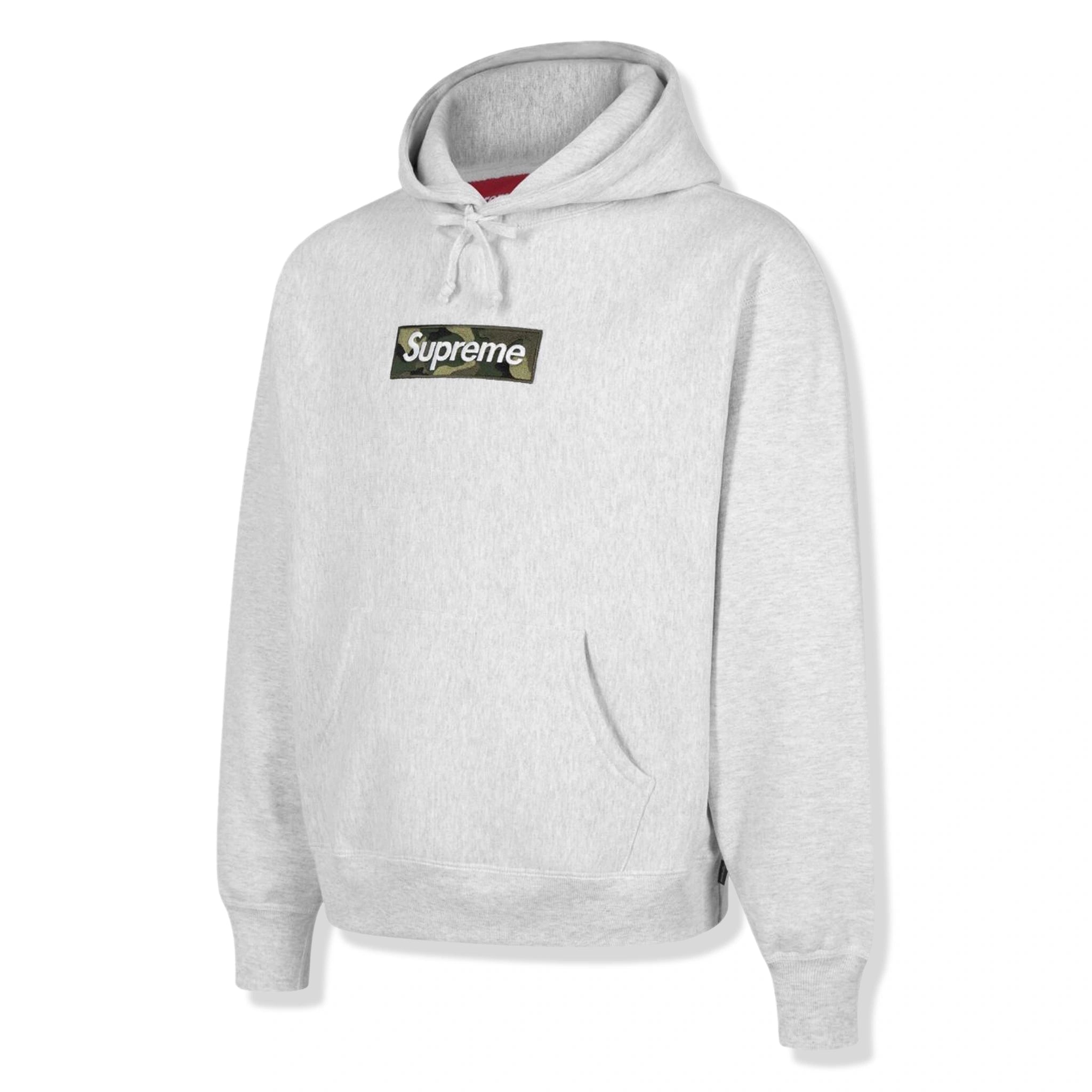 Side view of Supreme Box Logo Ash Grey Hoodie (FW23)