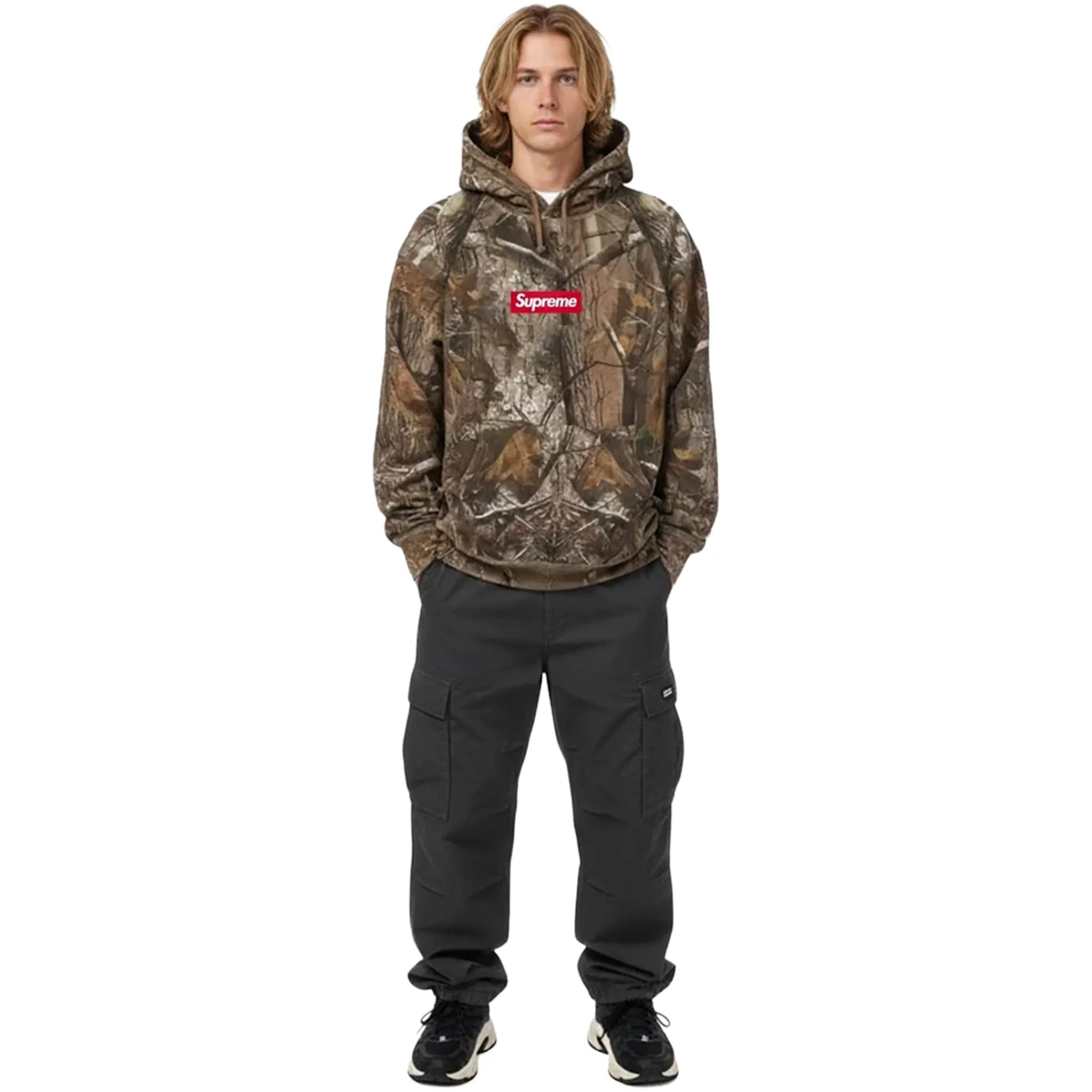 Model Front View of Supreme Box Logo Realtree AP Camo Hoodie (FW25) FW25SW14-REALTREE AP CAMO