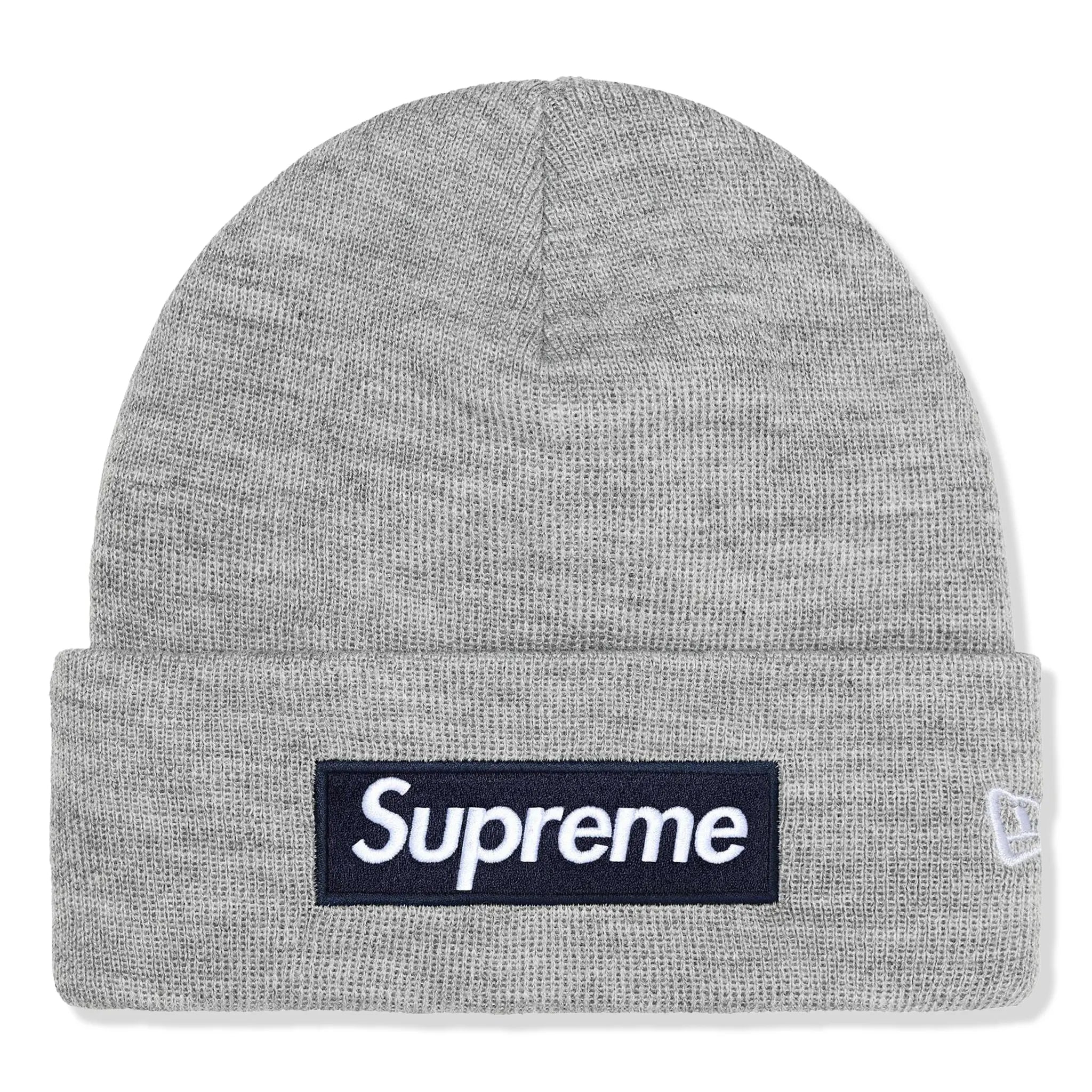 Front View Supreme New Era Box Logo Heather Grey Beanie (FW25) FW25BN5-HEATHER GREY