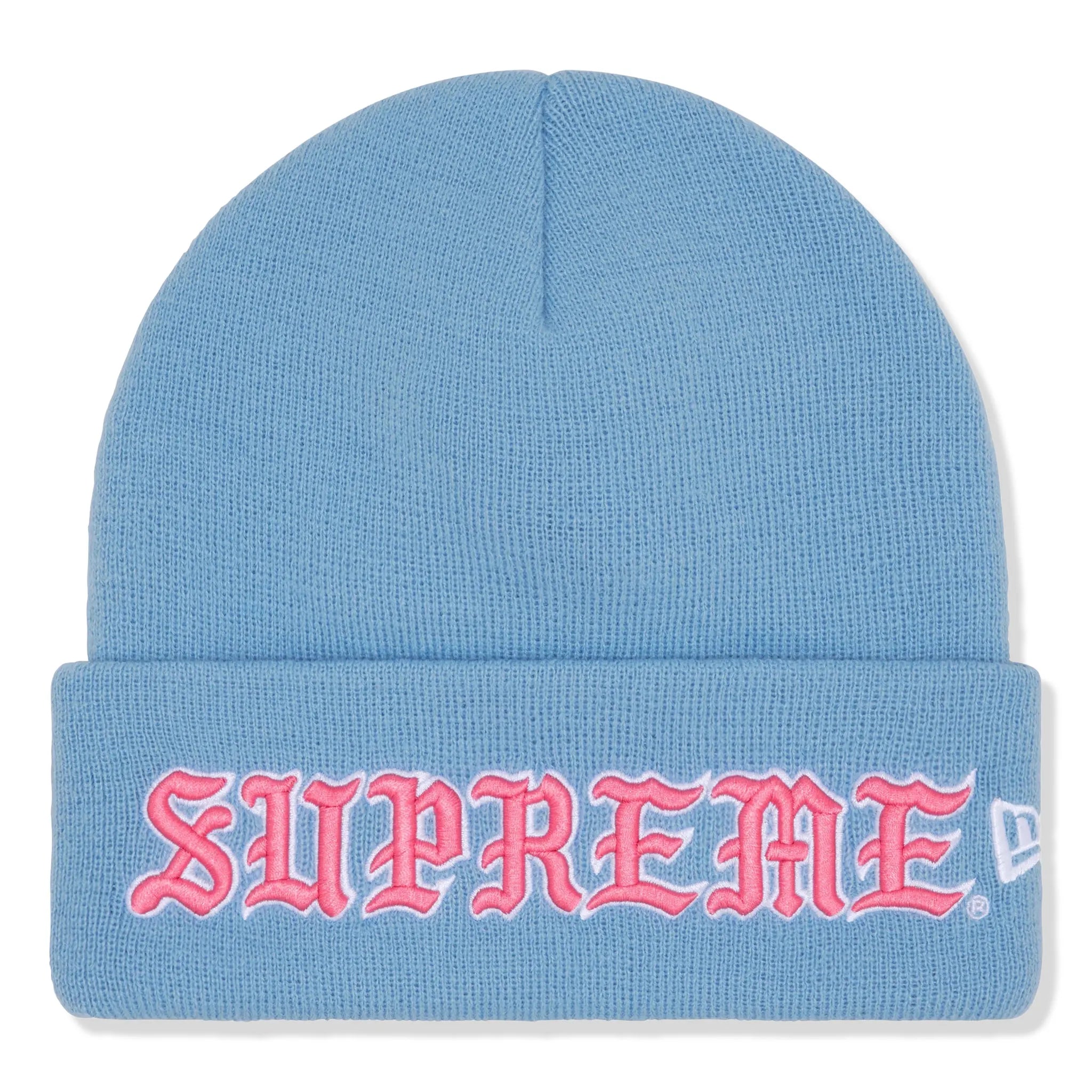 Front View of Supreme New Era Old English Light Blue Beanie FW25BN65-LIGHT BLUE