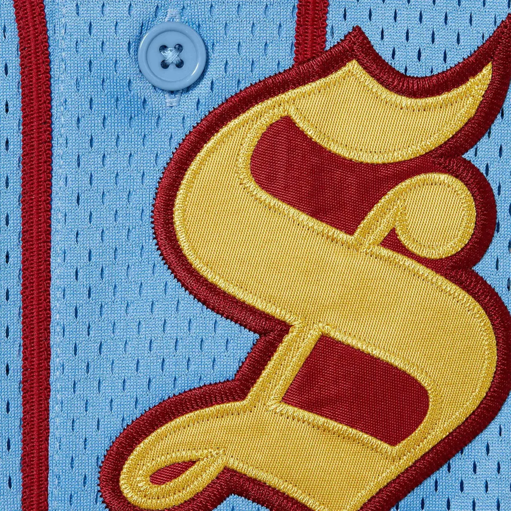 Close up of Supreme Old English Blue Baseball Jersey