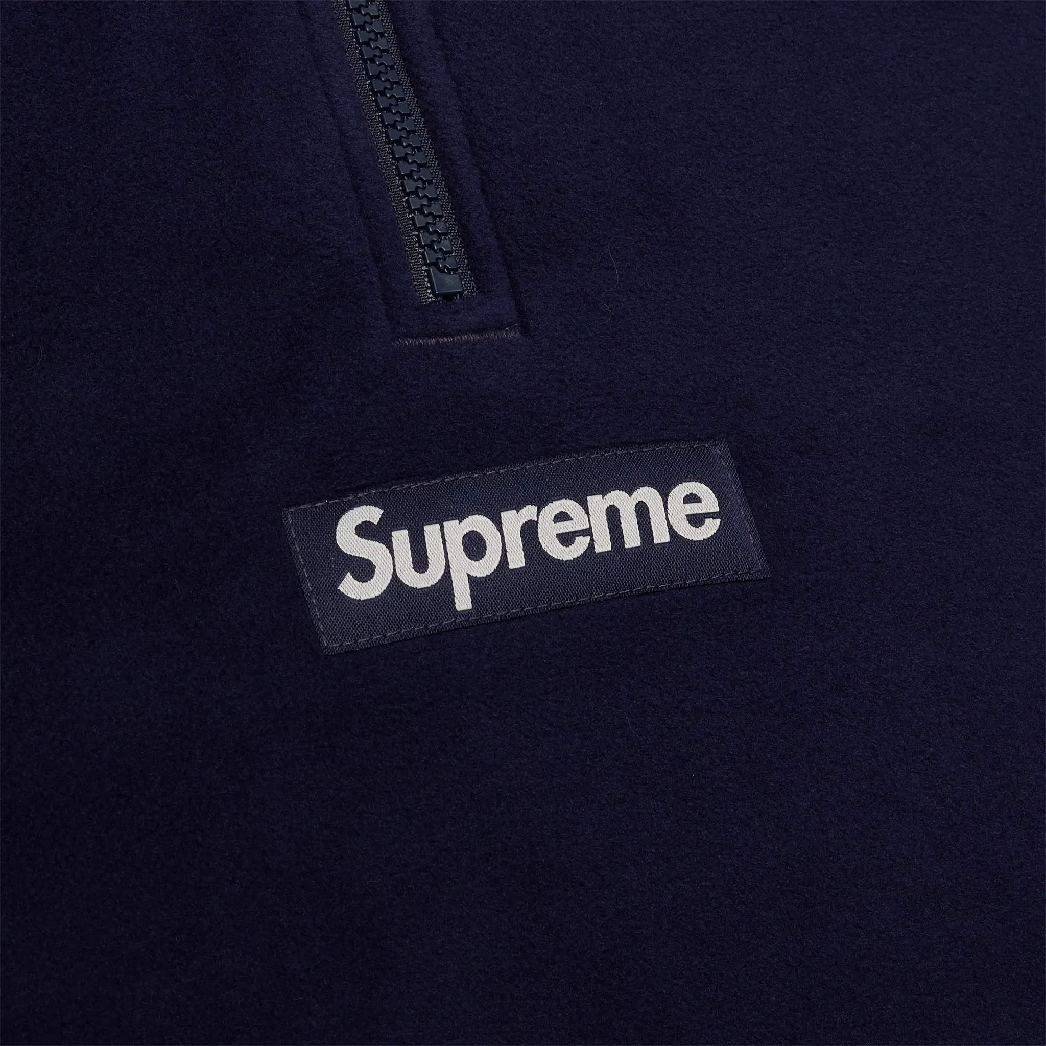 Front logo view of Supreme Polartec Facemask Navy Half-Zip Hoodie (FW24) FW24SW4 NAVY