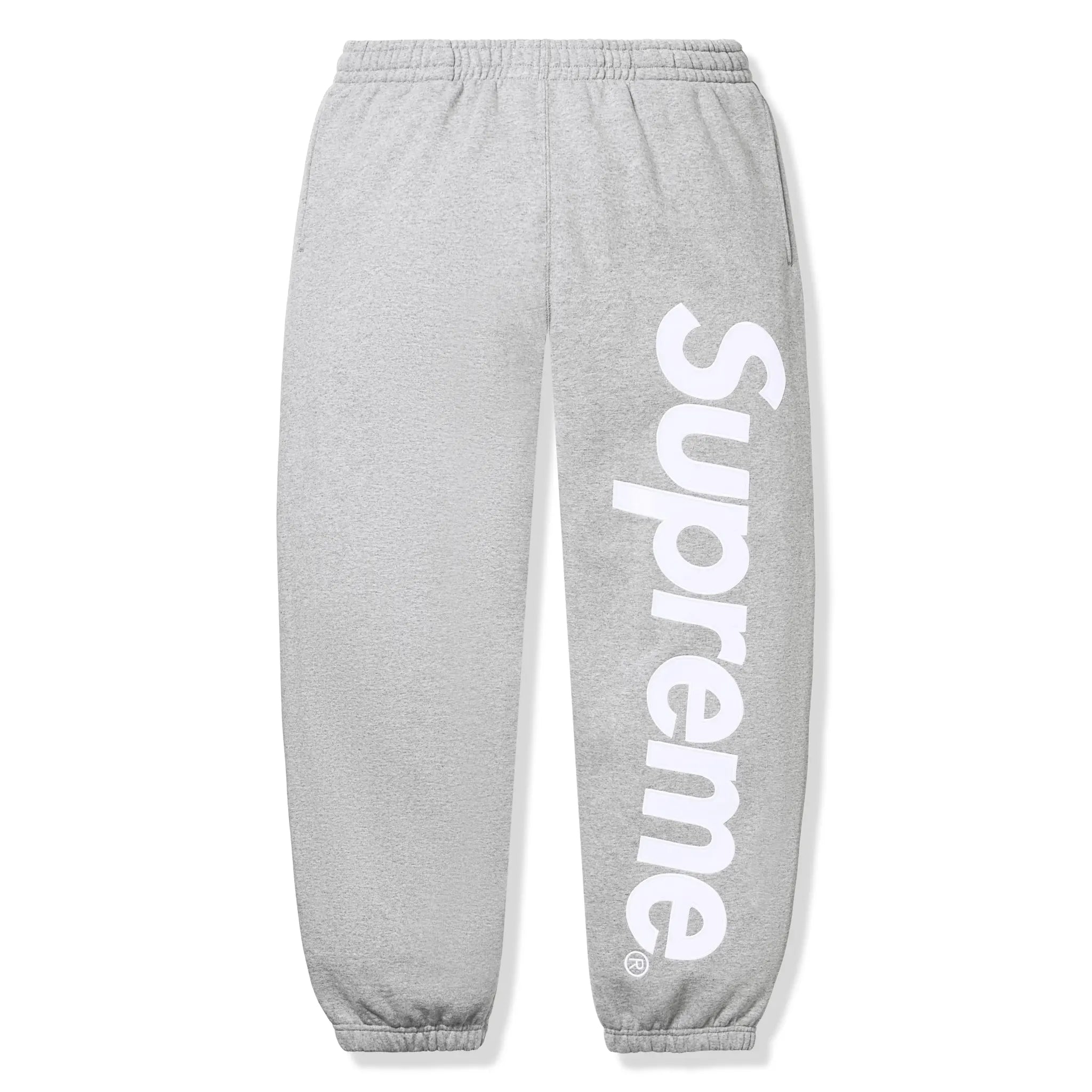 Front View of Supreme Satin Applique Heather Grey Sweatpants