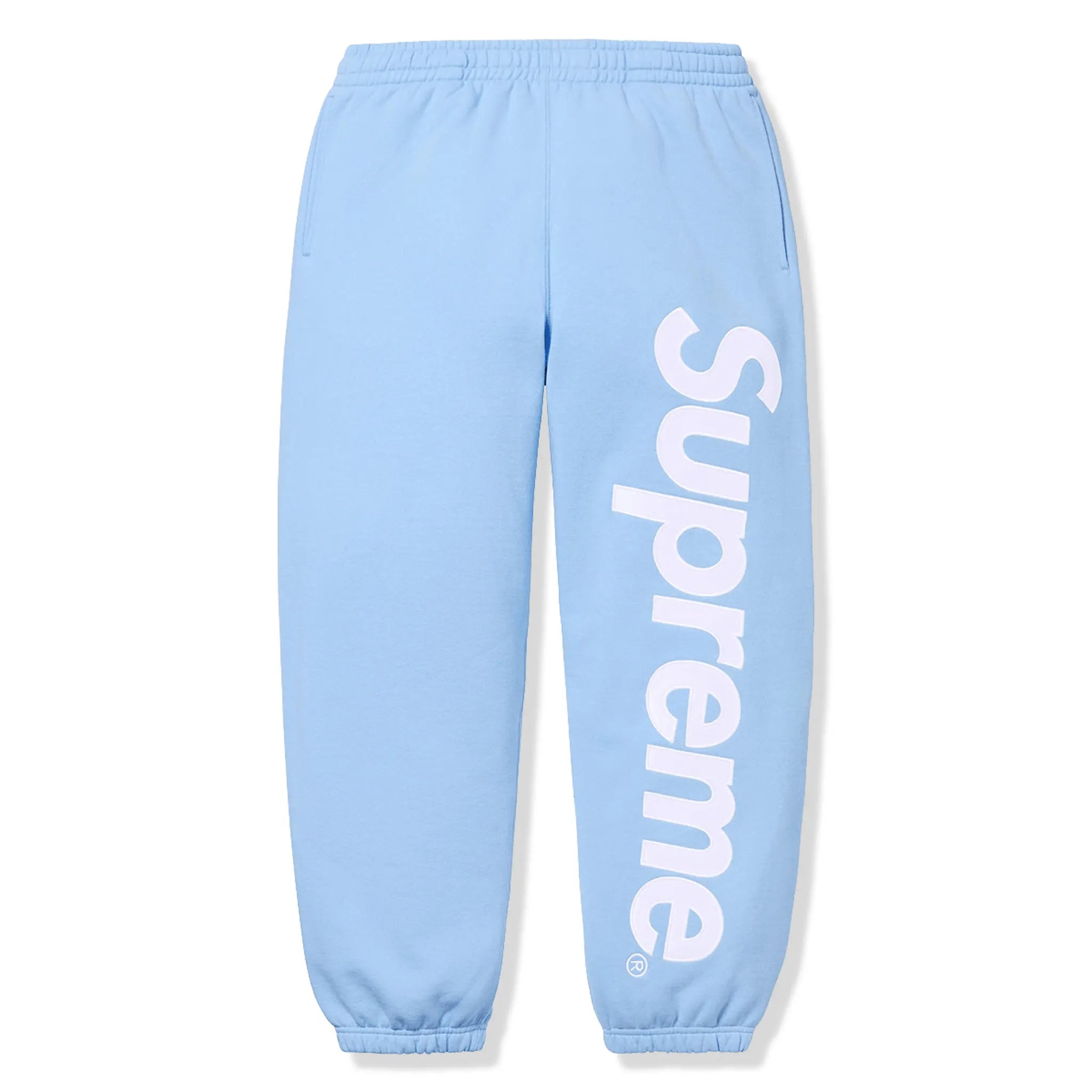 Front Bottom View of Supreme Satin Applique Light Blue Hoodie & Sweatpants FW24SW37 LIGHT BLUE | FW24P48 LIGHT BLUE
