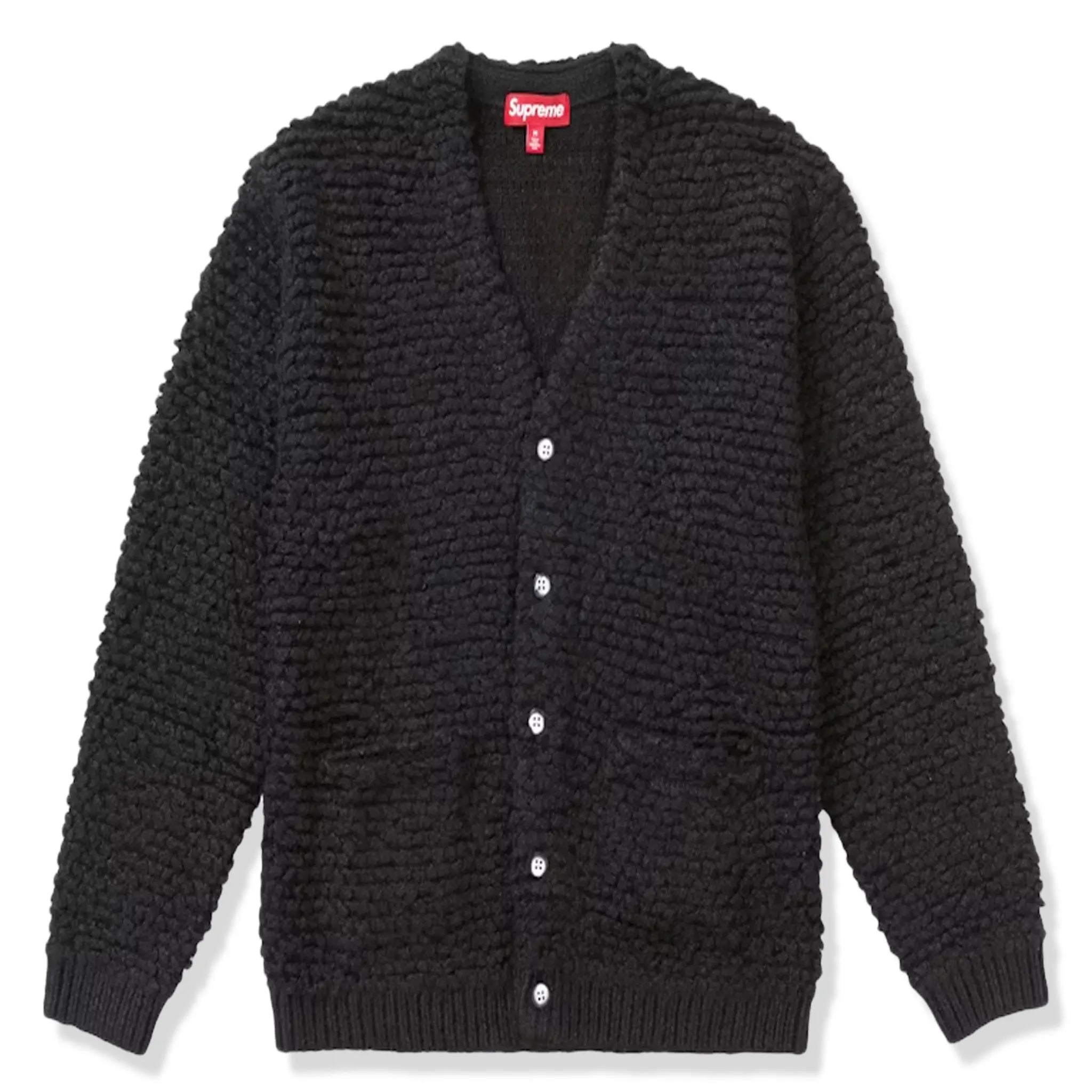 Front view of Supreme Textured Black Knotted Cardigan