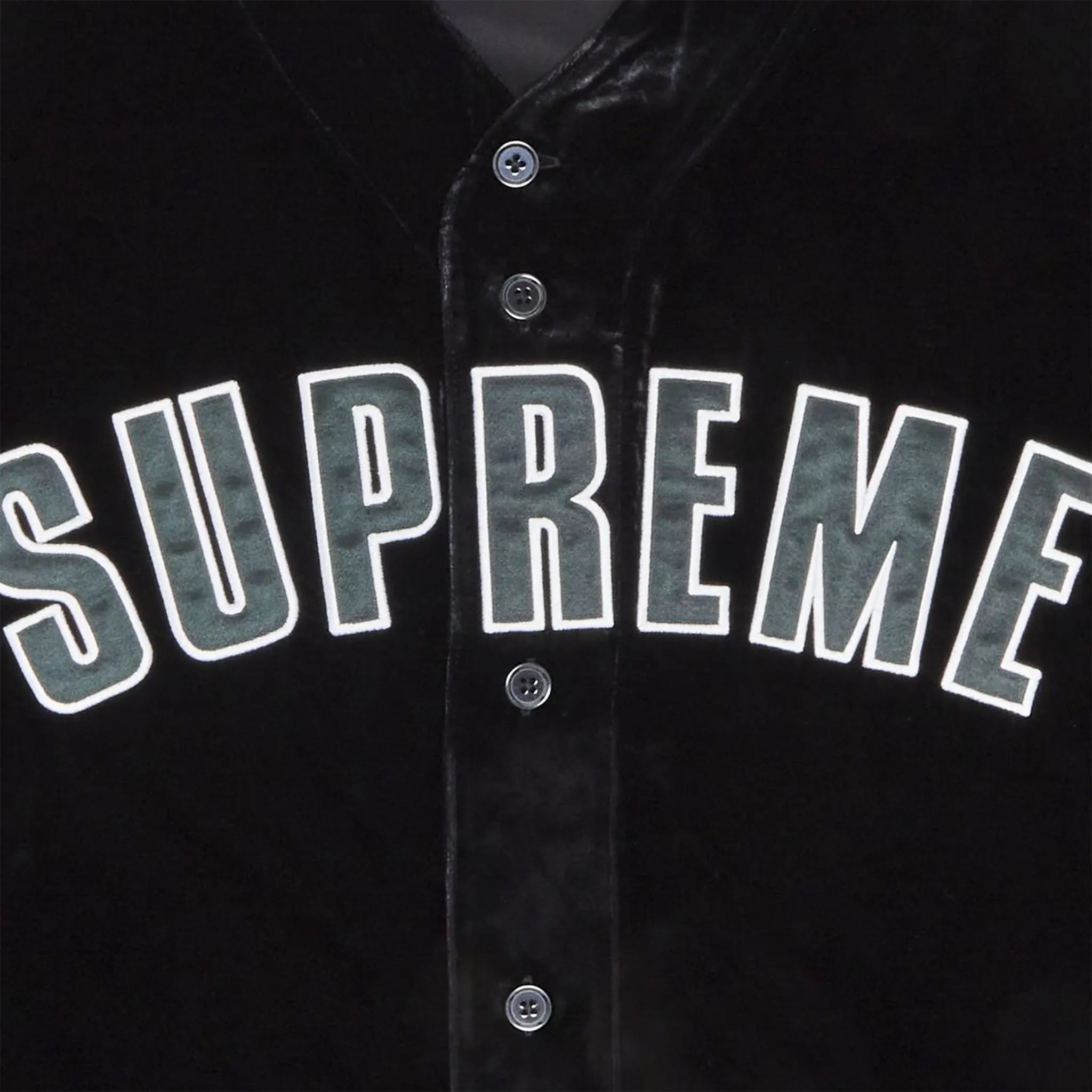 Detailed Logo View of Supreme Velvet Black Baseball Jersey SS25KN69 BLACK