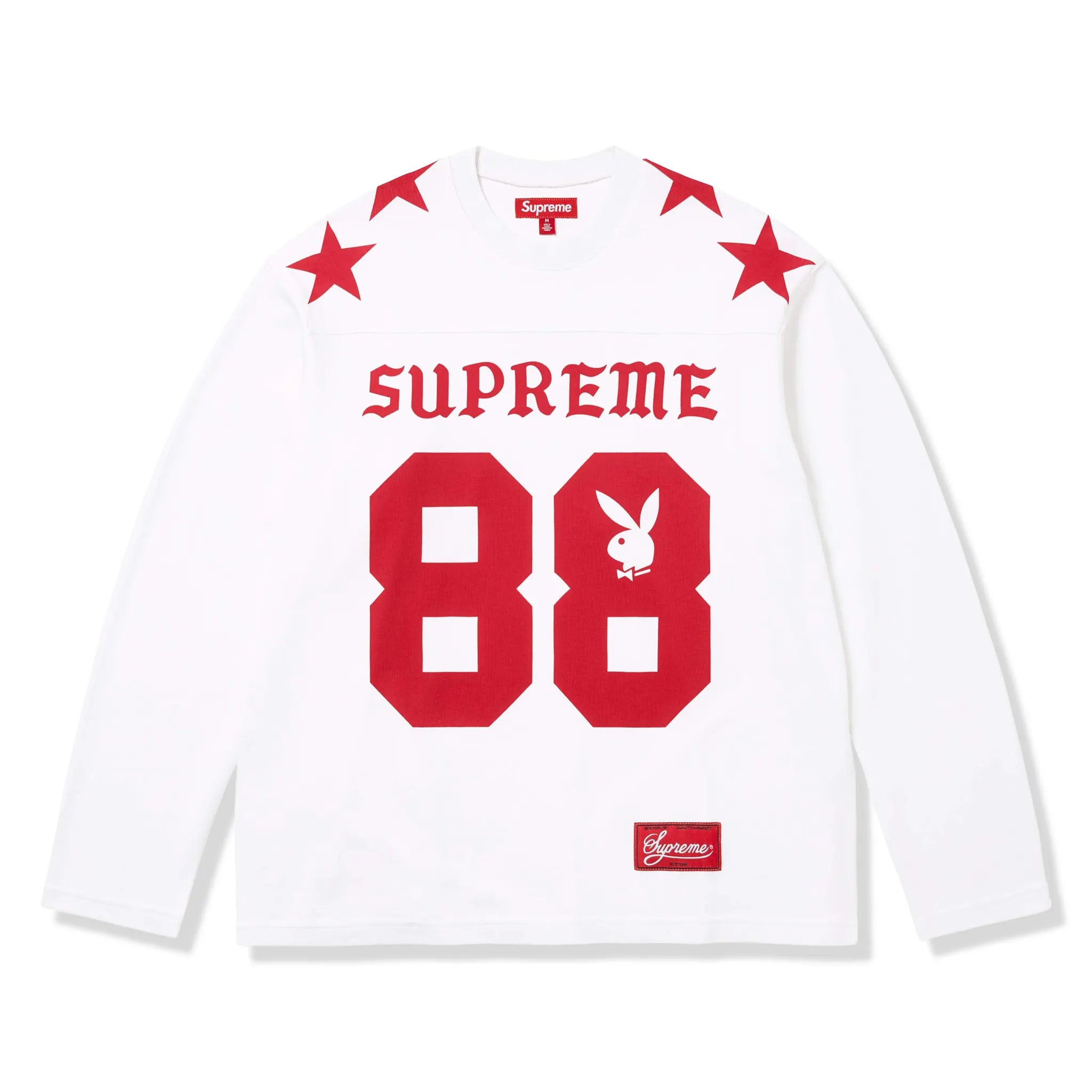 Front View of Supreme x Playboy L/S White Football Top (SS26)