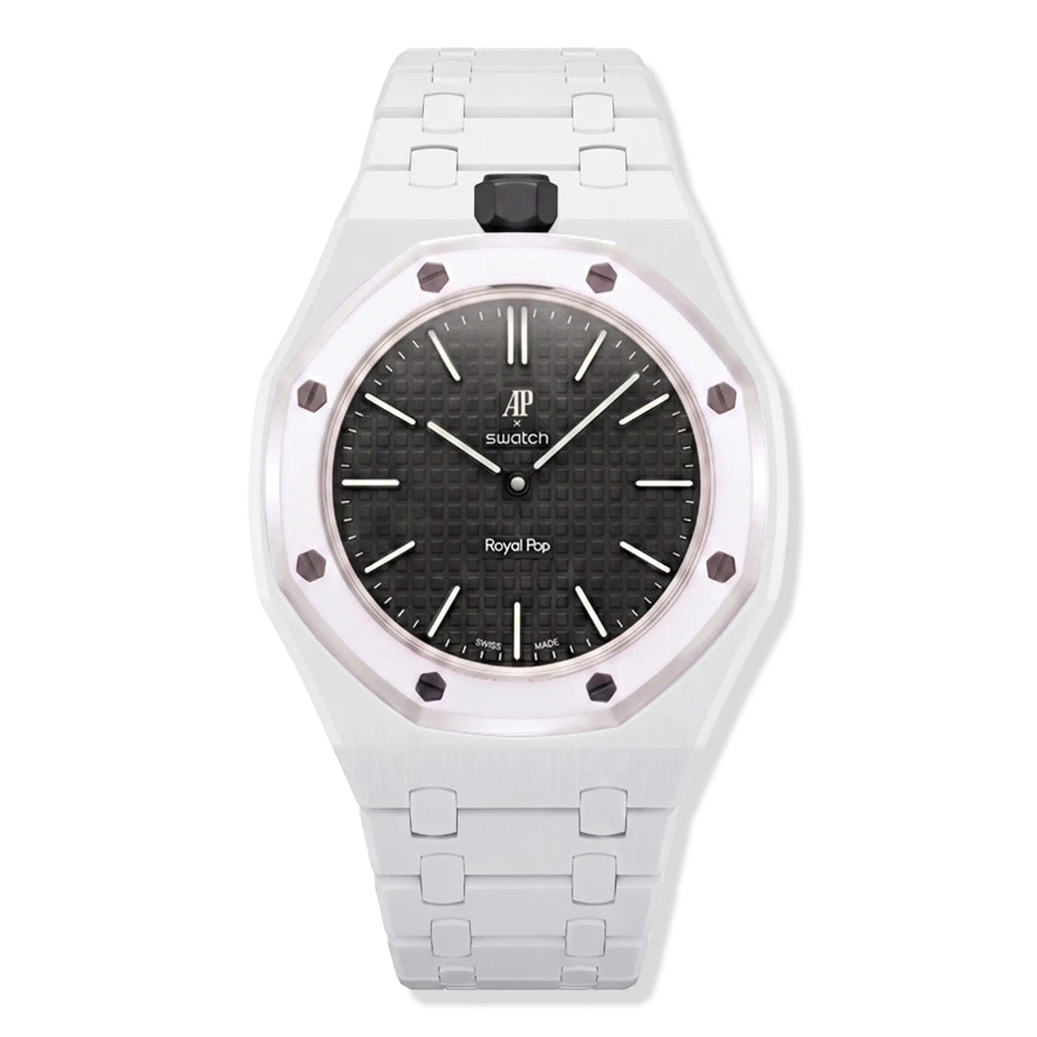 Front View of Swatch x Audemars Piguet Ocho Negro With White Bio Ceramic Strap SSX03W101N
