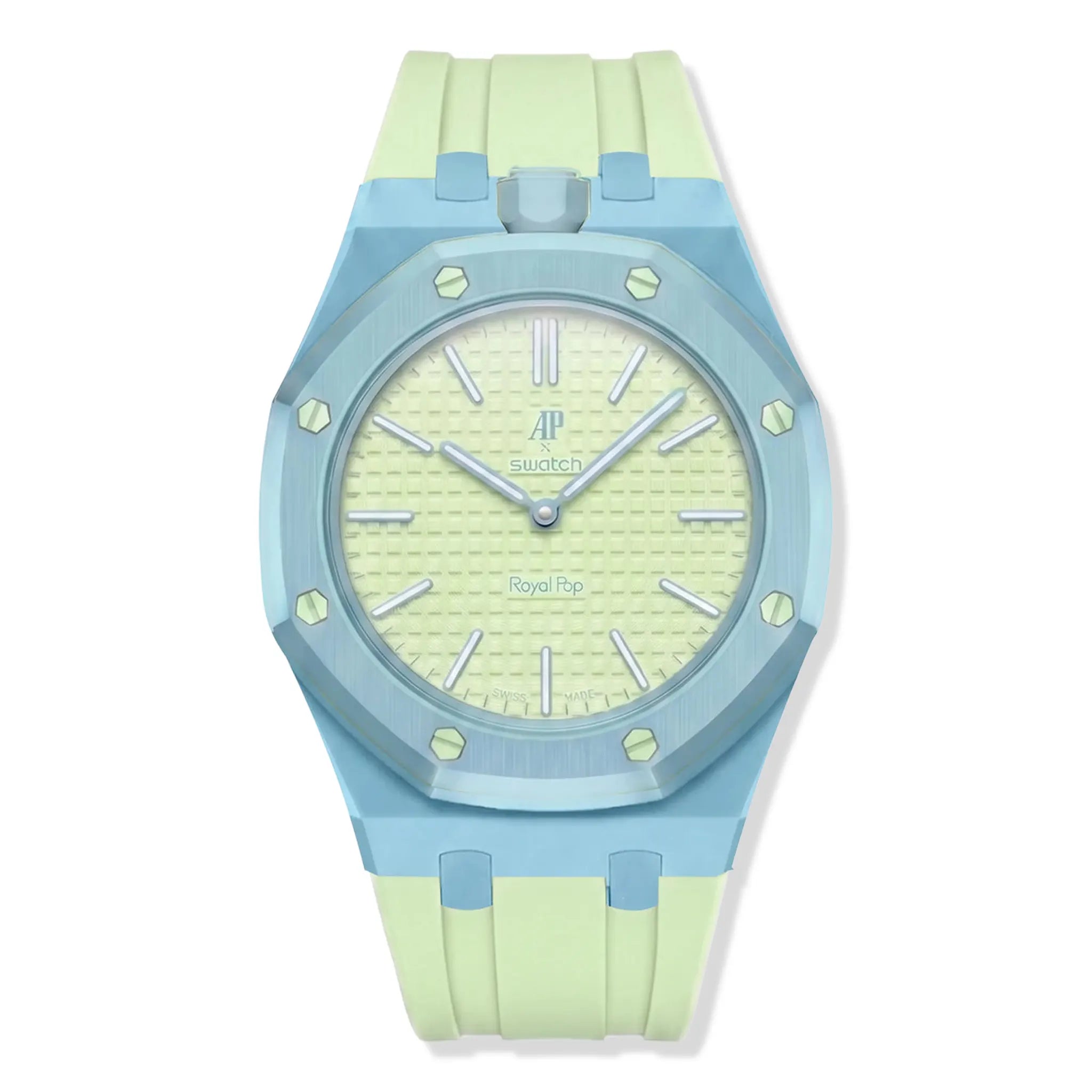 Front View of Swatch x Audemars Piguet Royal Pop Blaue Acht With Rubber Strap