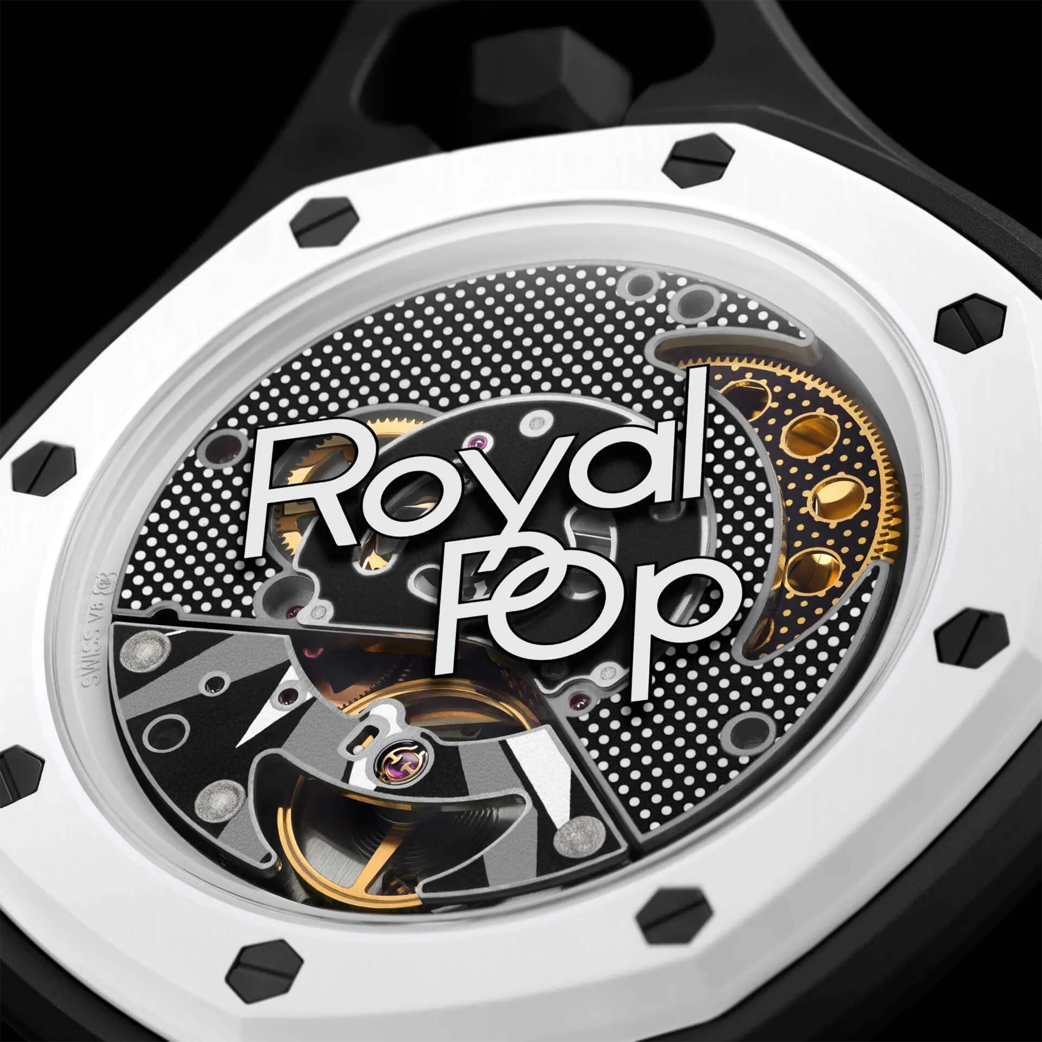 Detailed View of Swatch x Audemars Piguet Ocho Negro With White Bio Ceramic Strap SSX03W101N