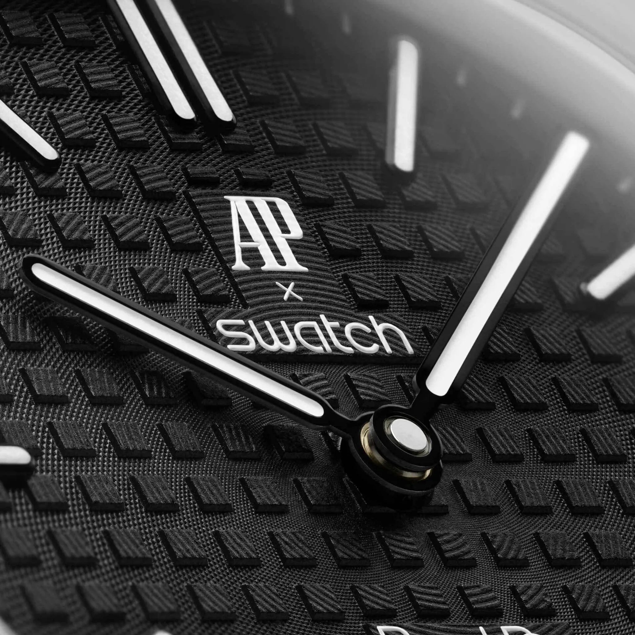 Detailed View of Swatch x Audemars Piguet Ocho Negro With White Bio Ceramic Strap SSX03W101N