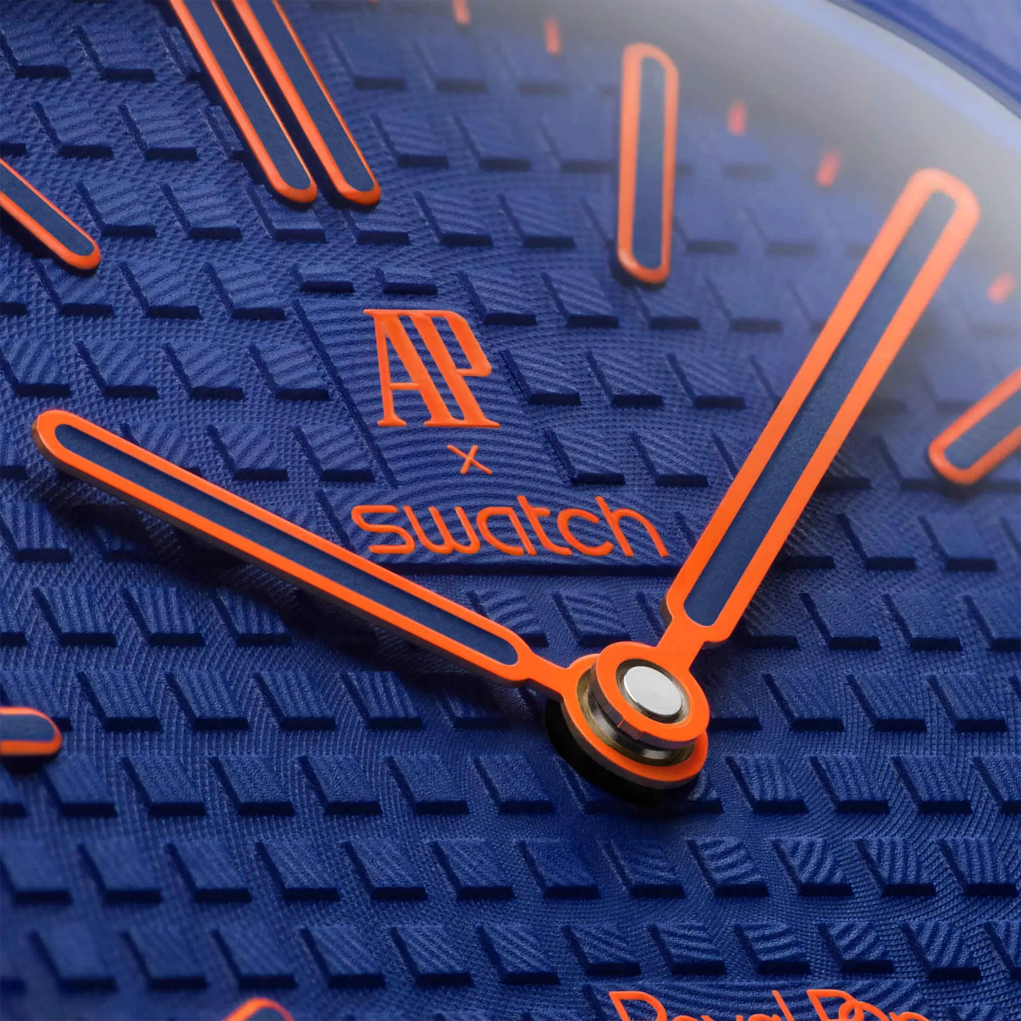 Detailed View of Swatch x Audemars Piguet Royal Pop Orenji Hachi With Navy Rubber Strap