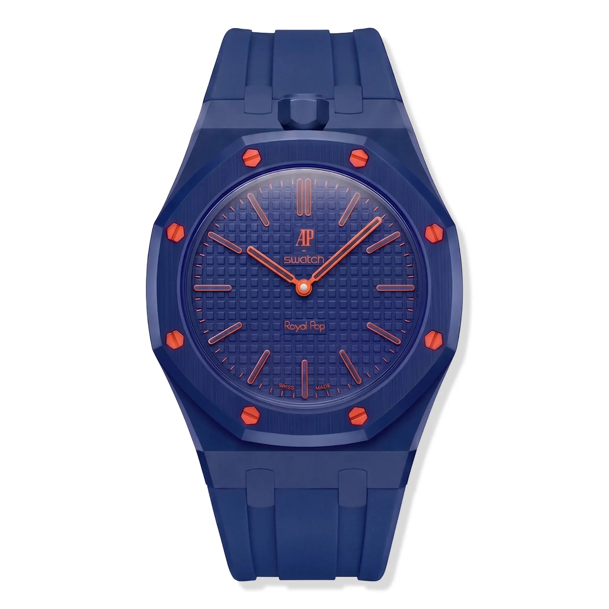 Front View of Swatch x Audemars Piguet Royal Pop Orenji Hachi With Navy Rubber Strap